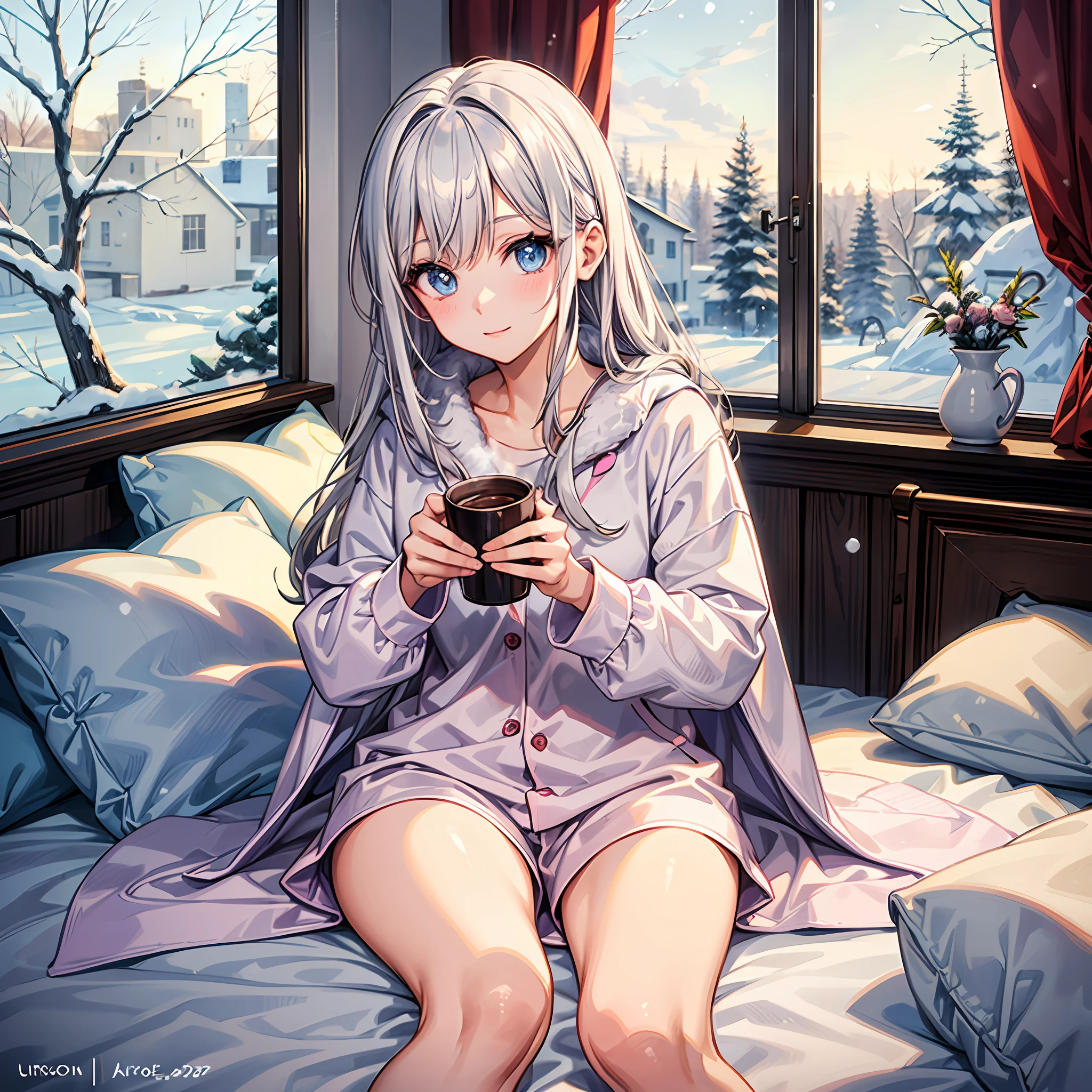 (masterpiece, best quality, ultra detailed) 1girl, anime, pretty eyes, long eyelashes, cozy blanket, long sleeve and short pajamas, fluffy texture, with a cup of hot cocoa, winter vibes, snow in window, cute decorations