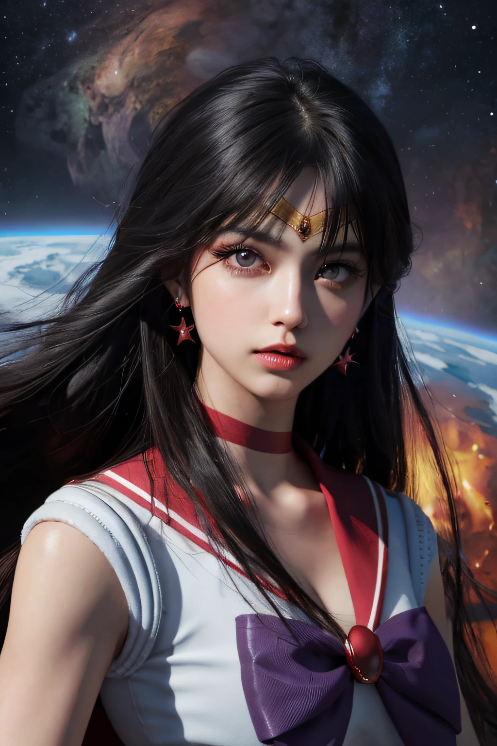 (HD Real, SAMA1 level)), Extreme Real, Masterpiece, Best Quality, High Definition, SAMA1, Space, Stunning Beauty, Upper Body Shot, 1 Girl, Chest, Gloves, Lips, Solo, Sailor Mars, Purple Eyes, SM Uniform, mer1, Tiara, Sailor Senshi Uniform, (RAW photo, highest quality), Masterpiece, Floating black long hair, Red Sailor Color, Bow, choker, white gloves, red choker, elbow gloves, jewelry, earrings, red skirt, sole, full body, black hair, (perfect hands): 3.8, octane rendering, Martian goddess, (Close-up: 1.2) Finely detailed beautiful eyes, close-up, small eyes, look viewer, to8contrast style, octane line art, space background, Mars, Fire effect, lowered hand, no makeup, strong gaze