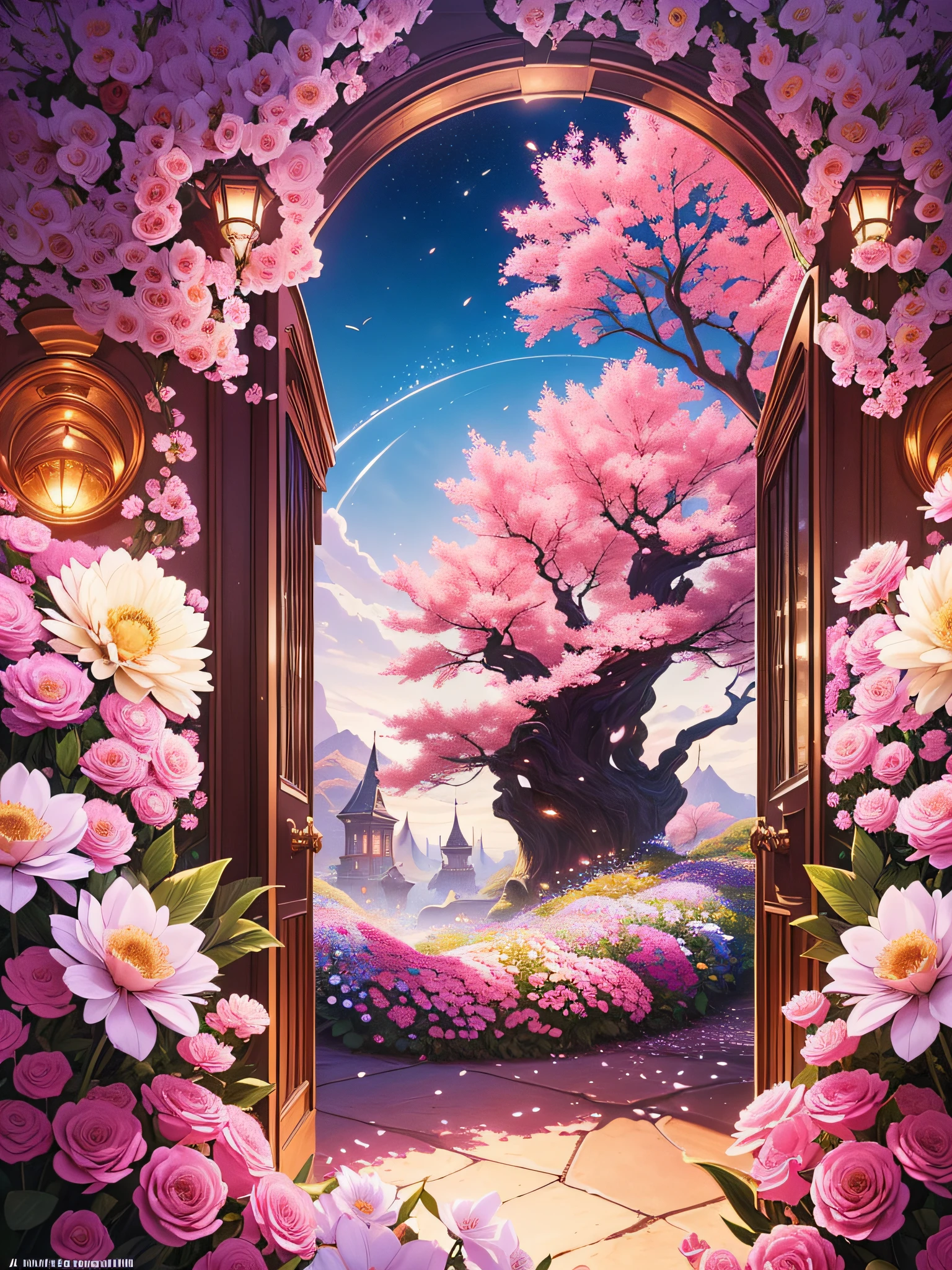 ((photo)), ((best quality)), ((masterpiece)), ((detailed)), ((cinematic shot), ((captured from eye level)), a beautiful brightly lit professional backdrop with lots of flowers and pink and white floating spheres, an archway portal to a fantasy world prominent.