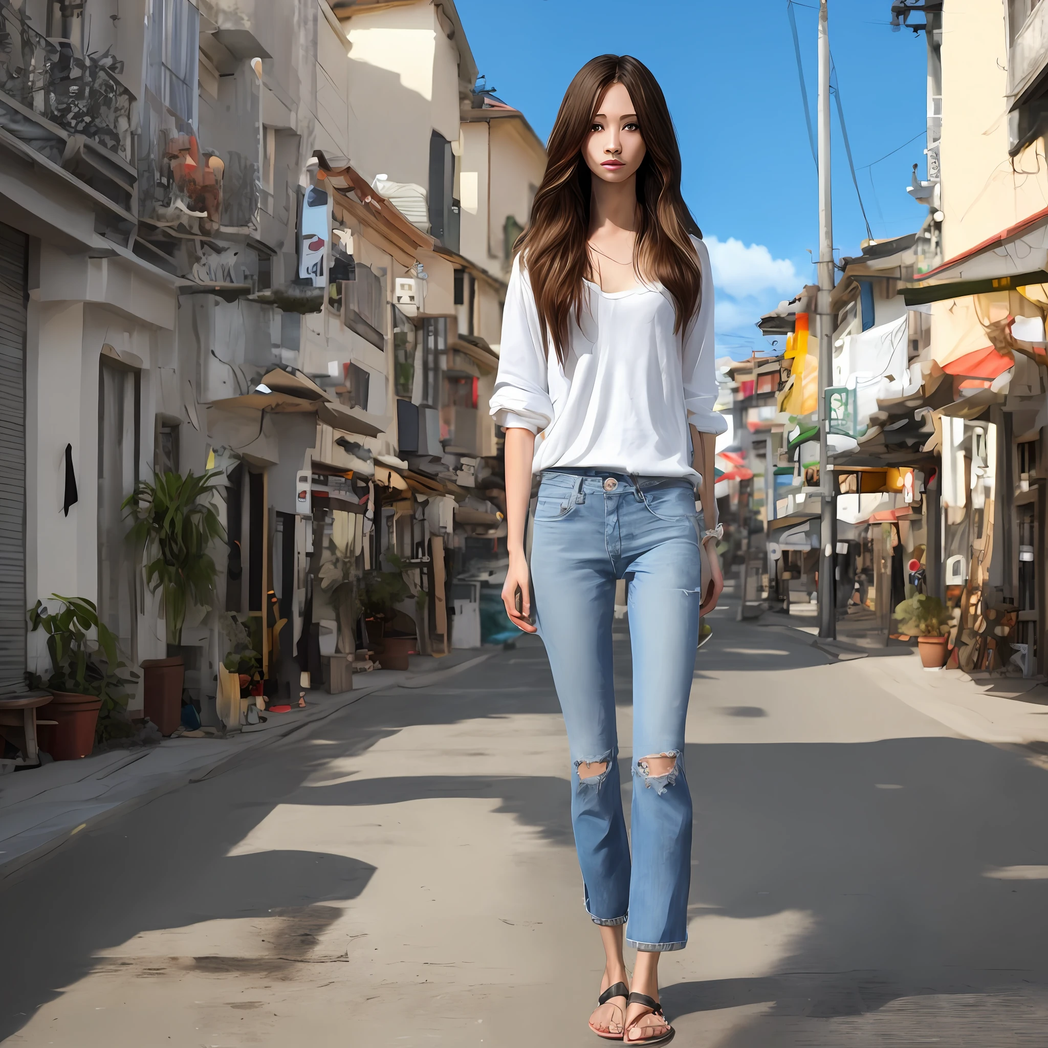 beautiful_young_female, tall_and_skinny_body, long_legs, loose_shirts, long_pants, sandals, 傑作, highest_quality, hyper_detailed_face, hyper_detailed_eyes, look_at_viewer, long_straight_hair, street_of_southern_island