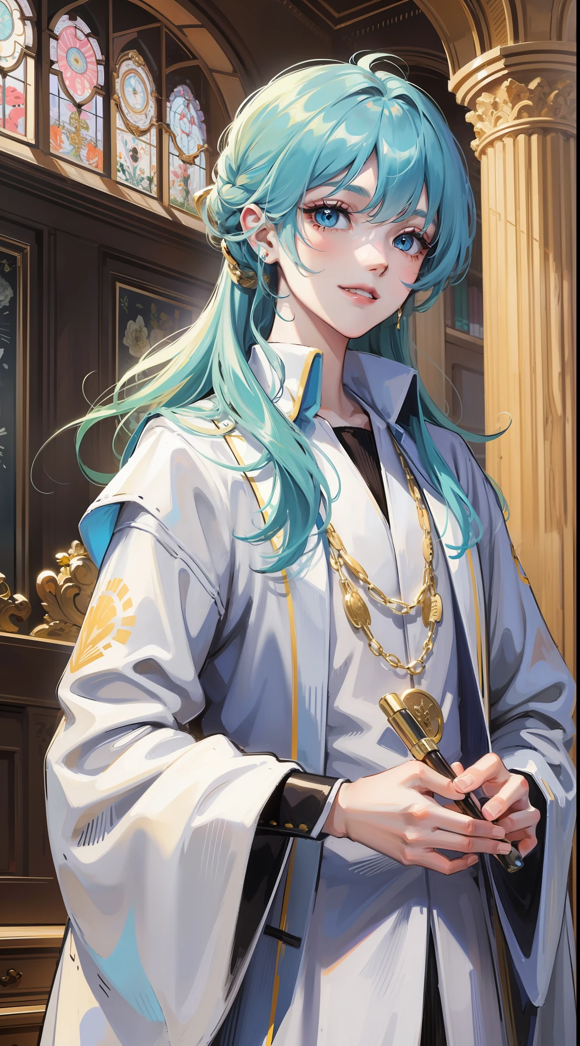 Young boy, long aquamarine hair, blue eyes, white artist robes, smile, brush, masterpiece, high quality