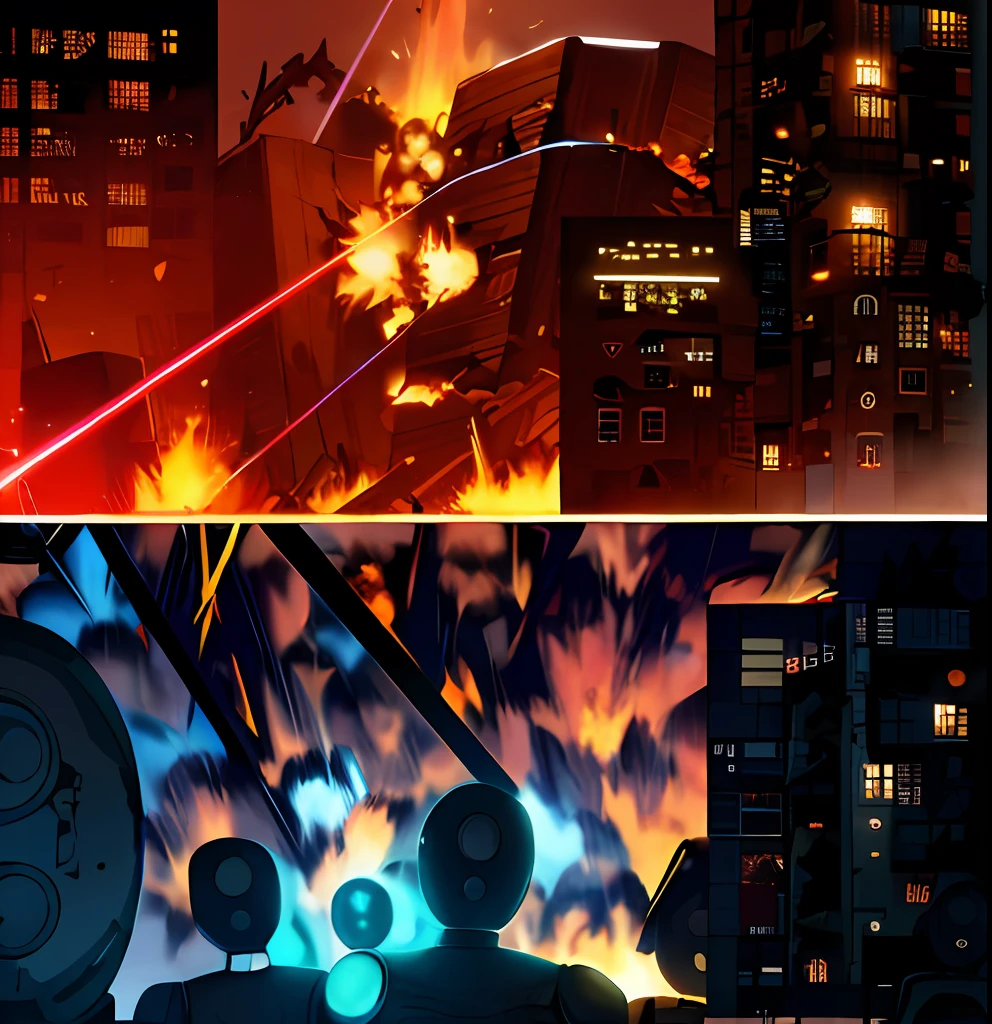 Buildings destroyed by laser, night, fire, robots, high quality, detailed texture, 8k