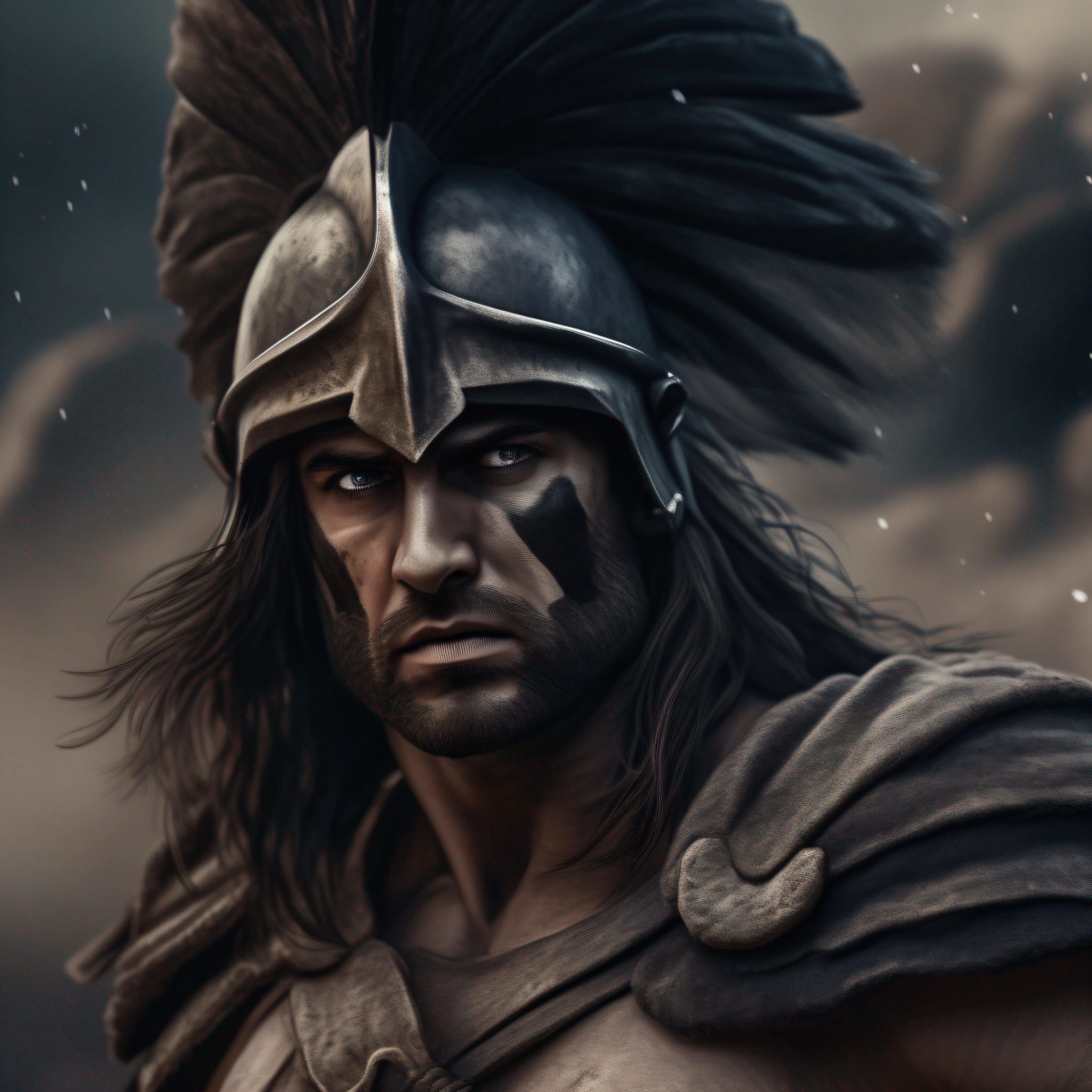 A portrait of a Spartan warrior, sober, front, background giant stones, dust, dark medium, shading, brave, long hair, perfect skin details, ultra realistic, excellent quality, 8k