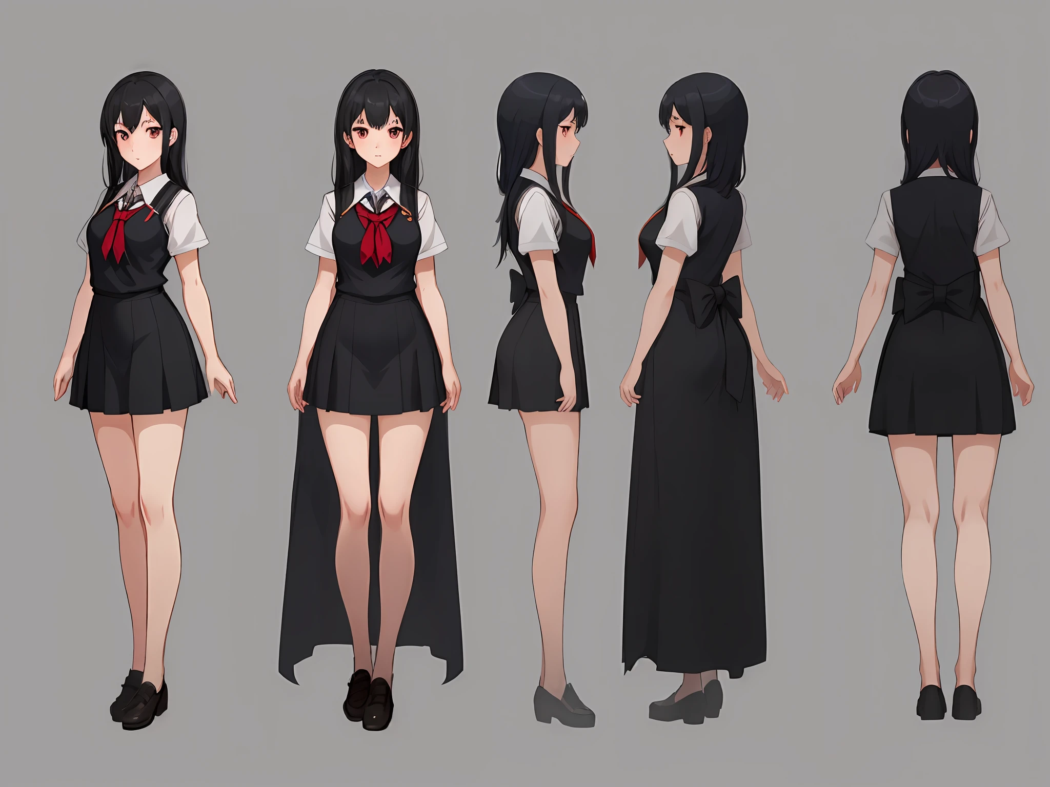 dynamic series of drawings showing a Girl with long loose black hair, wearing a school uniform, shy girl, outlined!!!, 1girl, 18 years, erotic body, thick thighs, (Japanese scholar uniform), glowing eyes, (black hair: 1.2),  drawing character sheet, pose reference, drawings of the same character at different angles, in 6 poses. 8k,high quality, high resolution, 4k, hd,(well designed face), amazing face, (super detailed), beautiful eyes, all images must full body, the total of images must be 3, one should be front, back and side view, use cartoon style, all the images must be the same girl, they must be all size