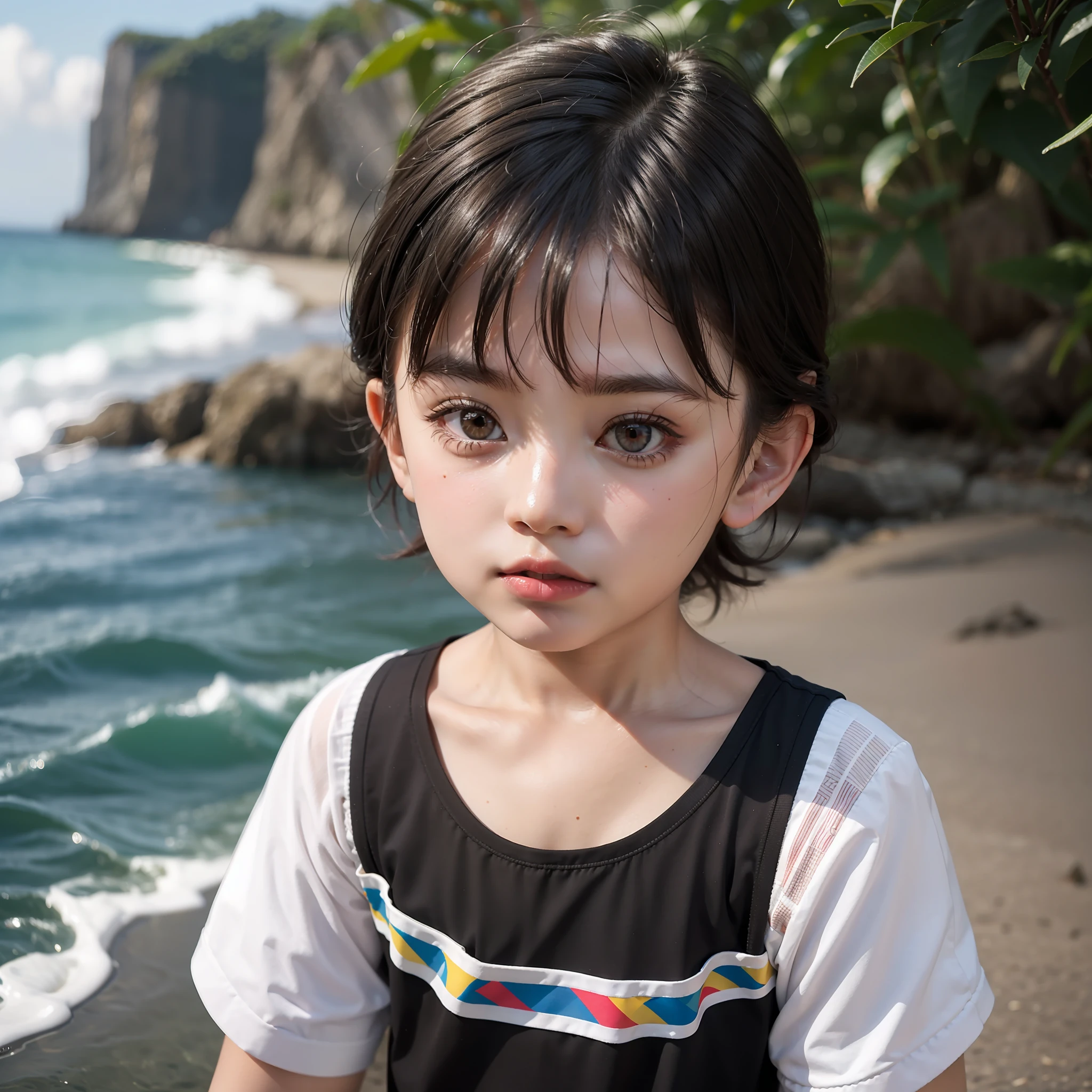 Masterpiece, best quality, 8K wallpaper, a handsome little boy by the sea, (multi-national mixed race 1.6), black hair, (big brown eyes), straight nose