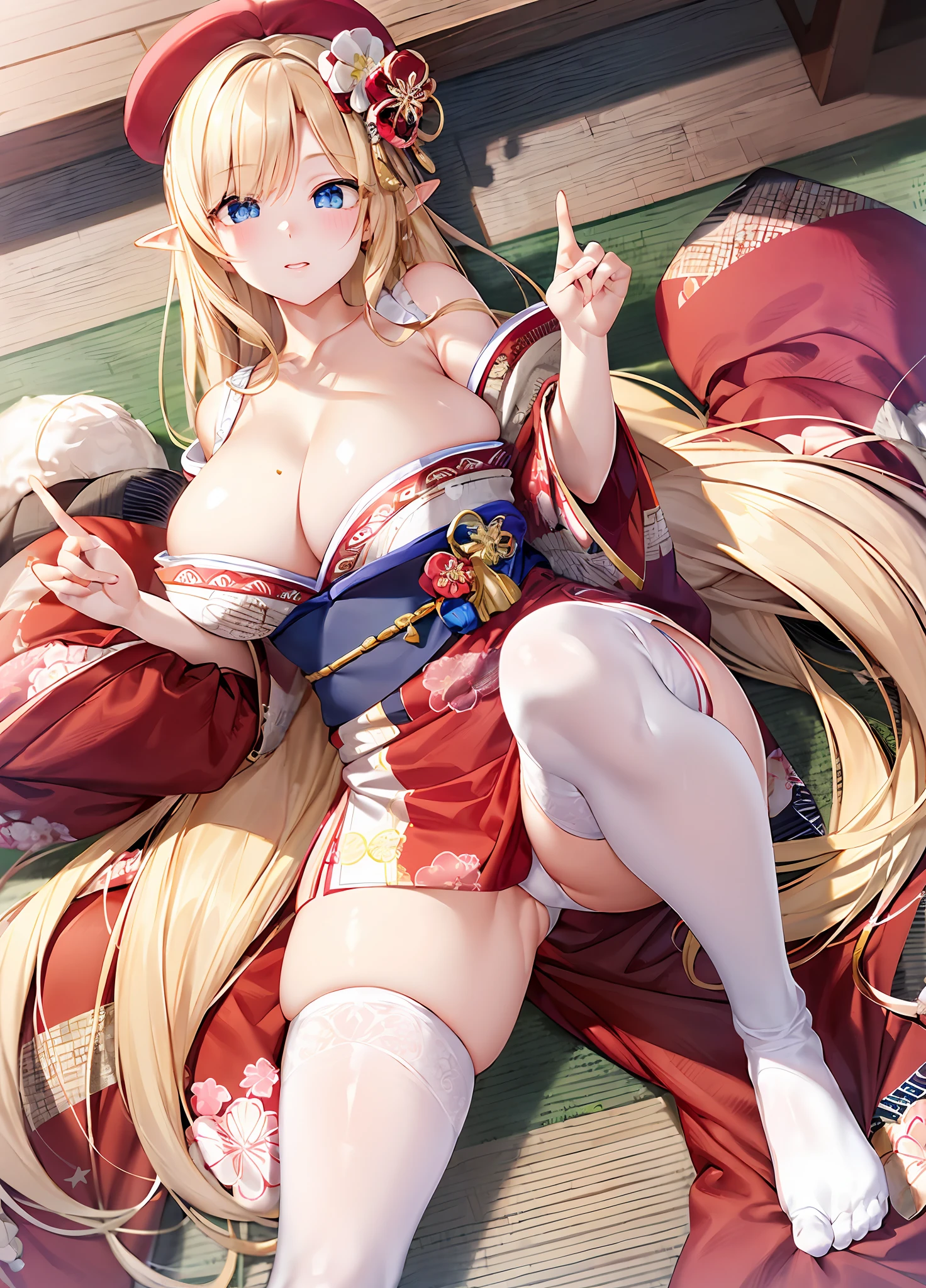 Elf, big breasts, pretty, white skin, , blue eyeballs, blonde hair, good figure, super long pretty legs, white stockings, 8K, CG quality, master works, perfect eyes, eye details, right fingers, straight thighs, no extra fingers, no extra legs, pink geisha kimono