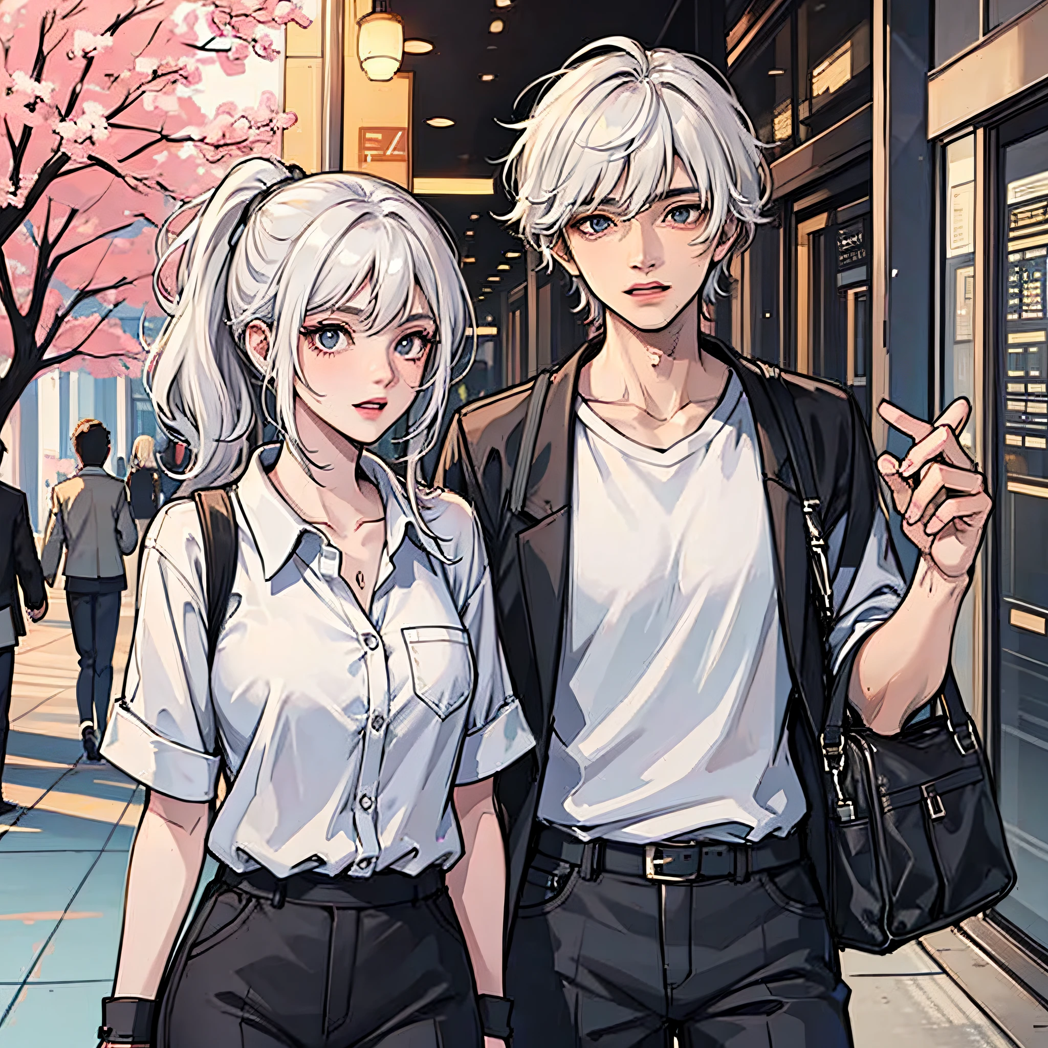 A white-haired boy on campus, next to a girl with a black ponytail