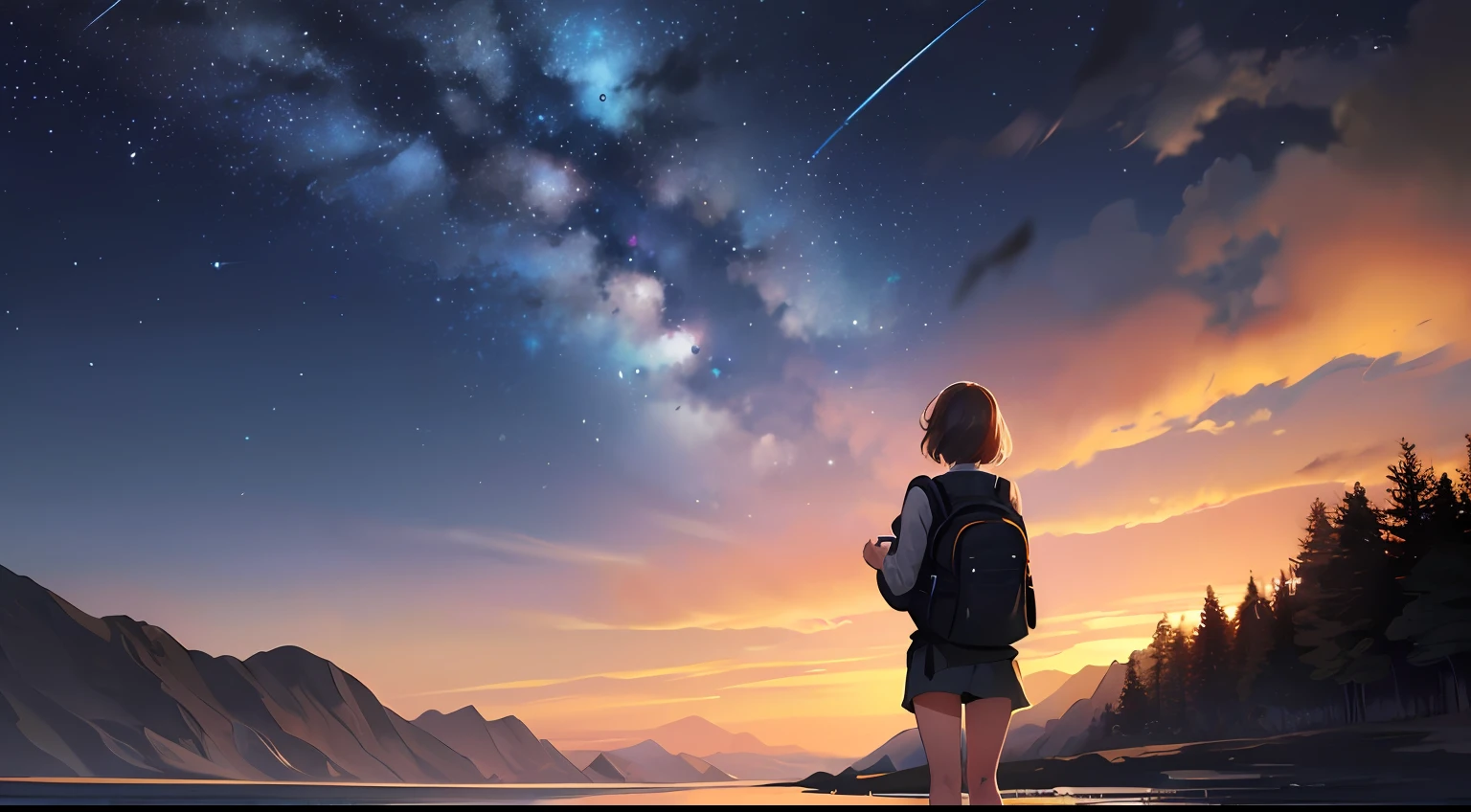 {{{masterpiece}}, {{{best quality}, {{ultra-detailed}}, {illustration}, {{an extremely delicate and beautiful}}, beautiful milky way, night sky, wide sky, mysterious, deep sky, falling sky, traveling girl, rucksack, back view, girl looking at night sky, In the middle of the journey, 8k, morning is near, the sky is about to be swallowed, the morning is near, the night is over, the beginning is near, deep darkness, cinematic, mysterious, fantastic, beautiful, wide angle lens, golden ratio, calm arrangement, deep color, impressive, starry sky full of stars