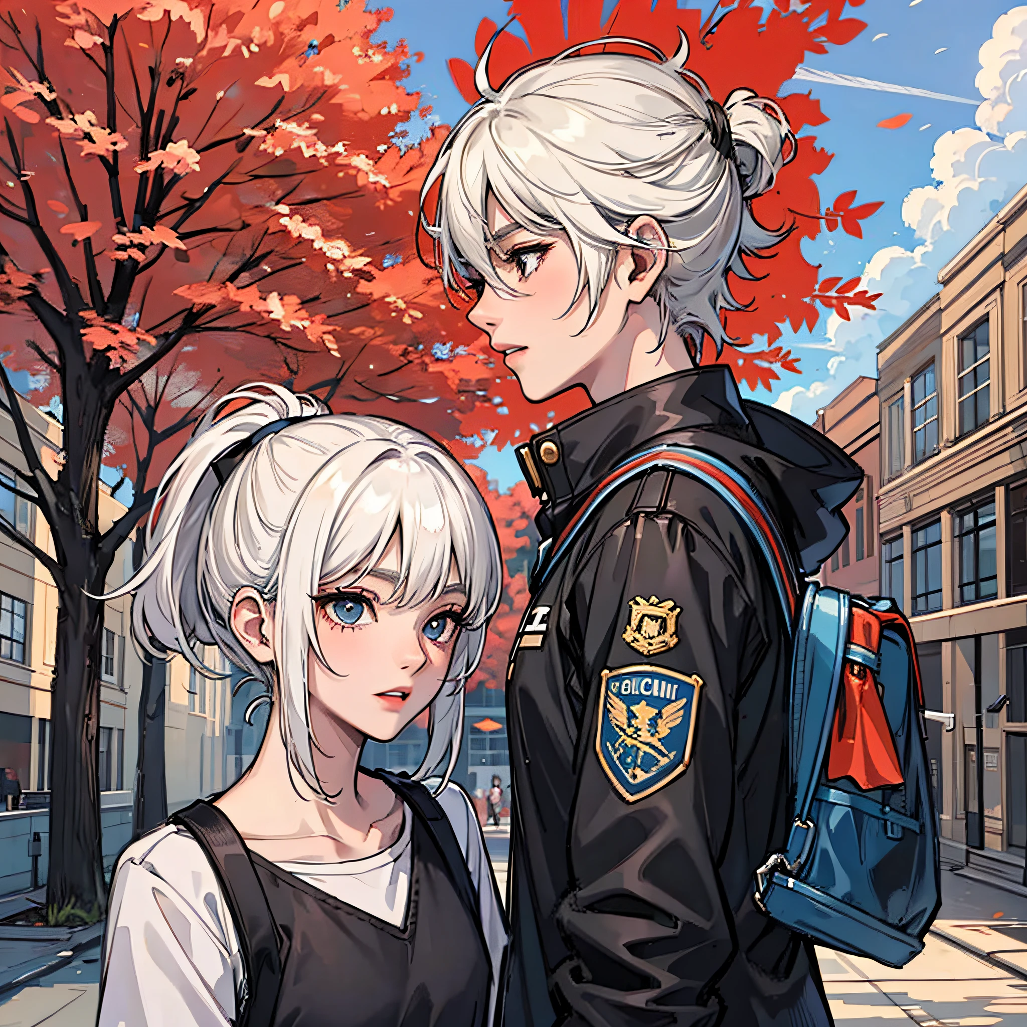A white-haired boy on campus, next to a girl with a black ponytail