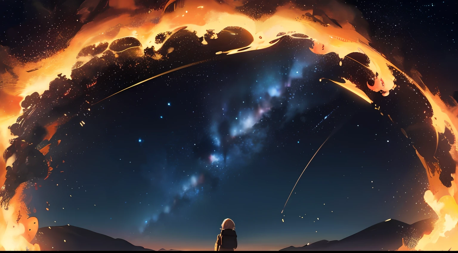 {{{masterpiece}}, {{{best quality}, {{ultra-detailed}}, {illustration}, {{an extremely delicate and beautiful}}, beautiful milky way, night sky, wide sky, mysterious, deep sky, falling sky, traveling girl, rucksack, back view, girl looking at night sky, In the middle of the journey, 8k, morning is near, the sky is about to be swallowed, the morning is near, the night is over, the beginning is near, deep darkness, cinematic, mysterious, fantastic, beautiful, wide angle lens, golden ratio, calm arrangement, deep color, impressive, starry sky full of stars