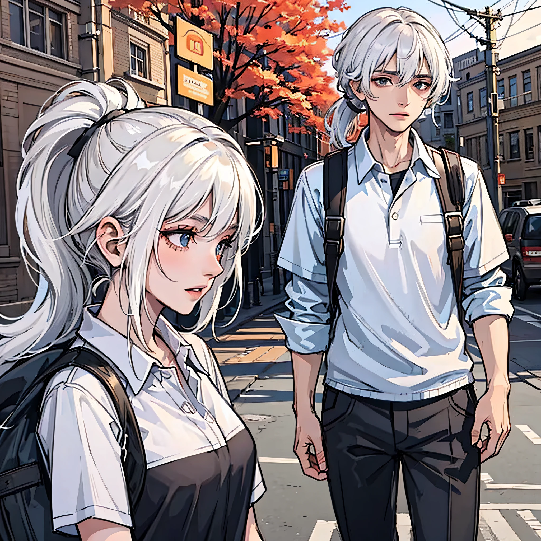 A white-haired boy on campus, next to a girl with a black ponytail