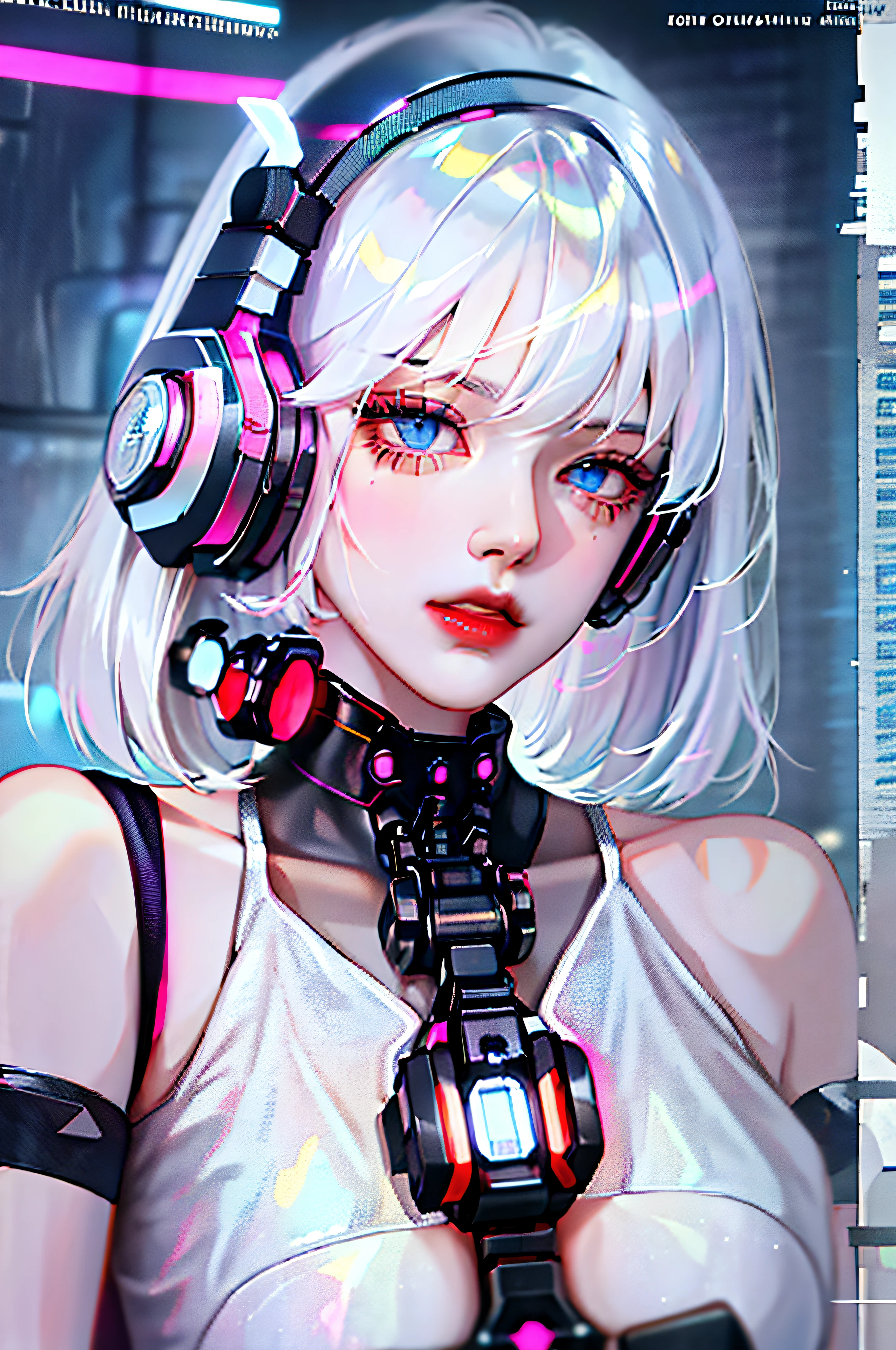 1girl, bangs, white hair, blue eyes, fashi-girl, bob cut, short hair, cleavage, collarbone, open coat, mecha, cyberpunk, neon, big breasts, milf, shiny skin, rain, water drops, badass, seductive, mecha girl, ghost in the shell, red lips, side vision, shut up, headphones, movie lights, 8k,