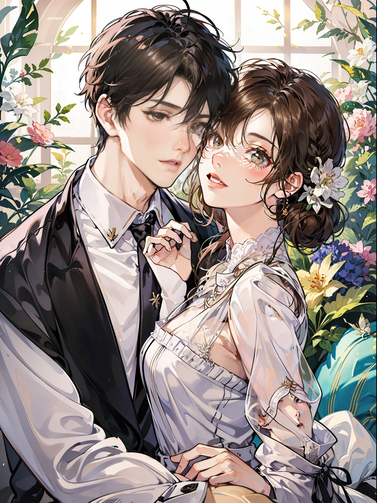 Urban romance novel cover, young male and female couples. The boy has short black hair and black eyes, fair and clean skin, delicate facial features, white shirt, black narrow tie. The girl has long brown hair and brown eyes, fair and clean skin, delicate facial features, and gorgeous dress. Background light, atmosphere, foam. Happiness and happiness. Otome game style