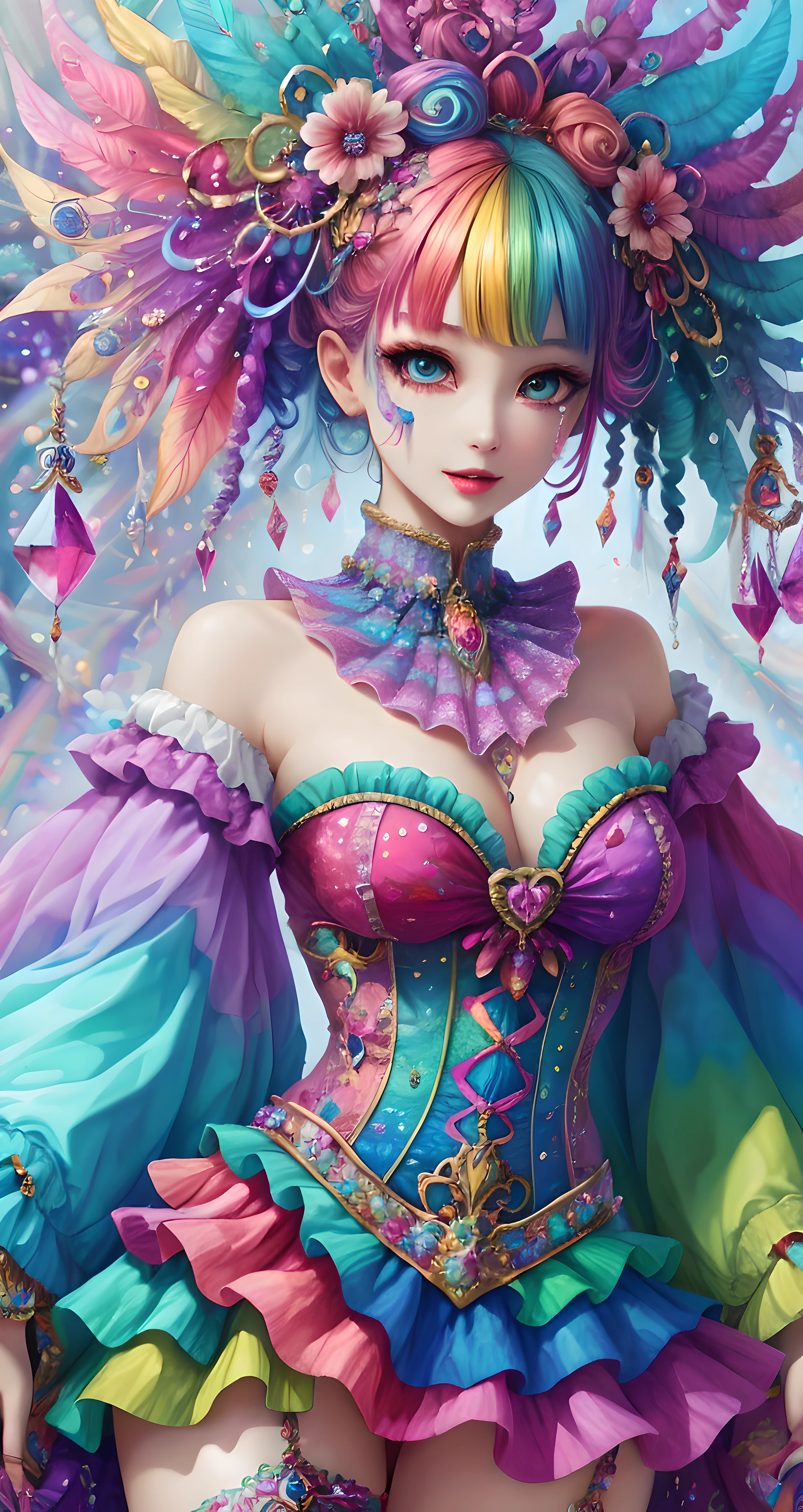 this artwork should be colorful and evoke feelings of euphoria and ecstasy. generate a beautiful fantasy woman with an interesting and dynamic manic expression. the woman is dressed in the style of harajuku decora fashion. there are many intricate and highly detailed decora fashion accents. clothing is ornate and extravagant with contrasting colors, textures, and patterns. include strong influences from lisa frank. include many awe-inspiring fantasy elements. ((include phantasmal iridescence, crystals, bumps, and rainbow colors that drip like paint through the artwork.)) rainbow paint should drip through hair and onto face and body. pay particular attention to a beautifully detailed face with realistic shading. include 8k eyes, highly detailed eyes, realistically detailed eyes, macro eyes, bright eyes. the overall feeling of this artwork should be happiness and excitement. the artwork should be highly ornate. impress me. the artwork should be highly creative., high quality, highres, detail enhancement