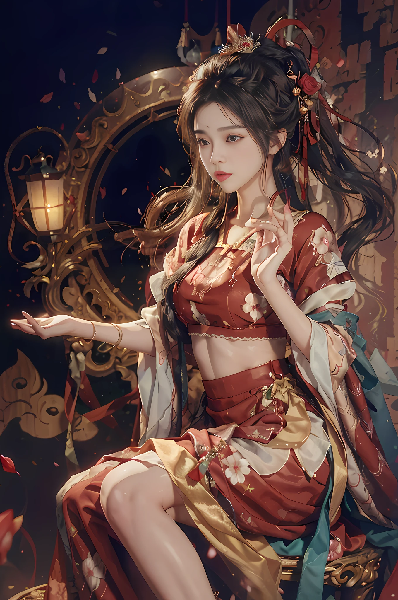 Superb Quality, Masterpiece, High Resolution, (Exquisite Body: 1.5), Stunning Beauty, (Milky Skin: 1.3), Delicate Details, High Resolution, Wallpaper, 1 Woman, Solo, Dress, Hair Accessories, (((Red Dress)) ), Flower, Long Hair, Brown Hair, Shut Up, Accessories, Long Sleeves, Raised Hand, Wide Sleeves, Big Eyes, Flowing Hair, Hanfu, Hanfu, Embroidery, Long Skirt, Natural Pose, Falling Petals, Calf Injury, Sadness, Fanning, Lantern, 16K, HDR, High Resolution, Depth of Field, (Film Grae: 1.1), Bocon, Primetime, (Lens Glow), Vignette, Rainbow, (Color Grading: 1.5)