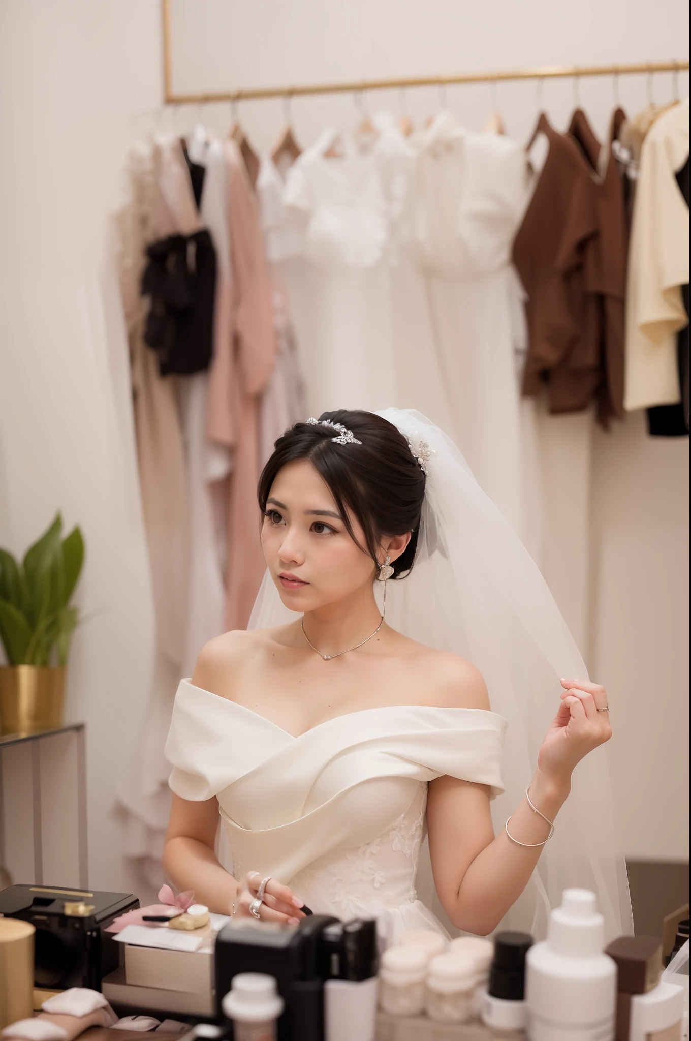 The bride prepares for her wedding in her dressing room, dressed in a wedding dress, O'Day, wearing an organza dress, bride, simple white veil, Limang style, wearing a translucent veil, veil, shot with Canon EOA 6 D Mark II, inspired by Ruth Zhan, wearing a veil