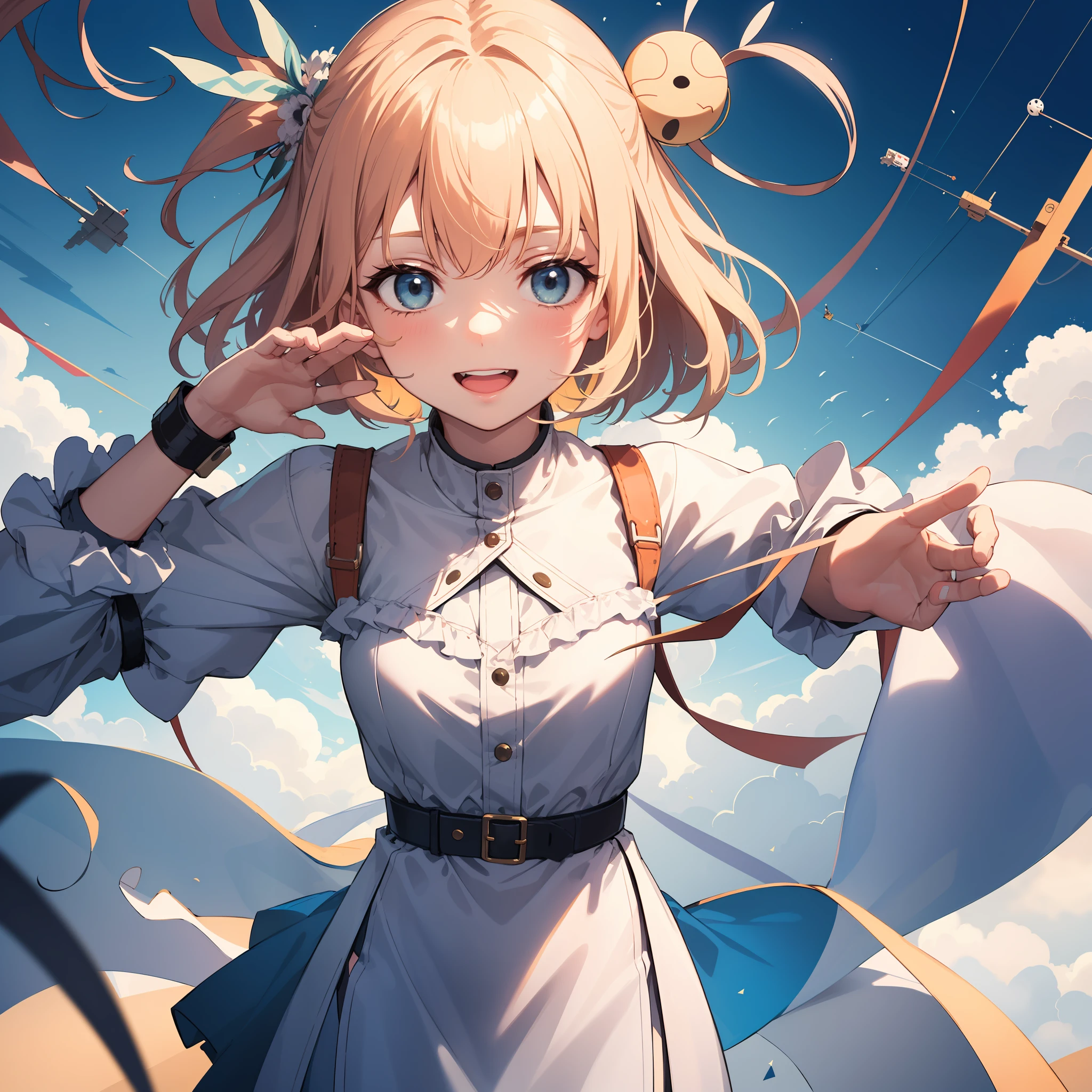 masterpiece, best quality, movie still, 1girl, floating in the sky, cloud girl, cloud, (close-up:1.1), bright, happy, fun, soft lighting, (Bauhaus, shapes, lines, abstract:1.1)