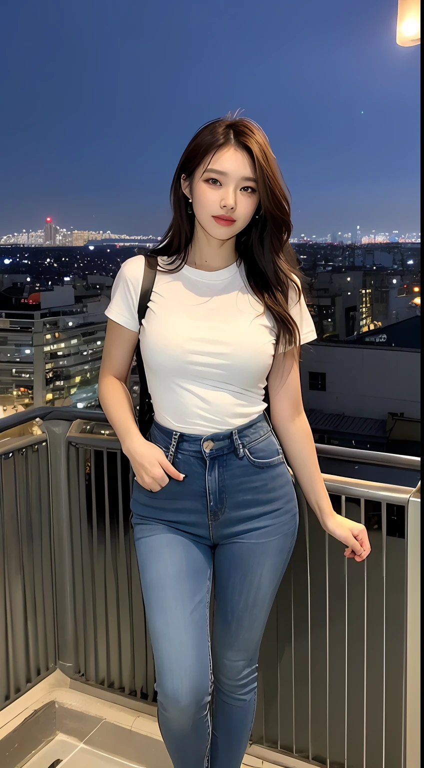 ((Midnight, Best quality, 8k, Masterpiece :1.3)), Whole body, Long legs, Sharp focus :1.2, A pretty woman with perfect figure :1.4, Slender abs :1.1, ((Dark brown hair, Big breasts :1.2)), (White tight tshirt, Jean bib, Standing:1.2), ((Night city view, Rooftop:1.3)), Highly detailed face and skin texture, Detailed eyes, Double eyelid