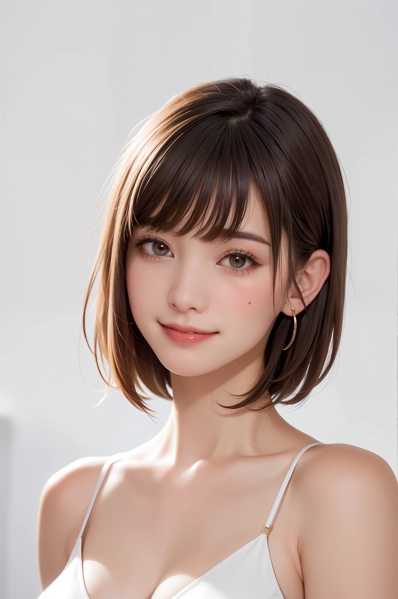 (((showpiece, top quality, high precision)), one girl, (big breasts, photorealistic: 1.4), ((slightly above also look up the camera, look up at the camera, look up, look up at the camera))), solo, , white background, snow-white background, close mouth, happy smile, smile happily, pretty black hair, short hair, Big eyes, pronounced double eyelids, eyelashes, ears out, long neck, long neck, absolute area, ((face close-up, short hair with bangs)), 19 years old, attractive proportions, shiny skin, clean collarbone, golden ratio face, perfect face, teary mole, mole on the chest, bangs, clean bangs, beautiful bangs, lip gloss, thin lips, white skin, undressed, big breasts, small face, small face, Staring slightly upwards at the camera, ((smiling a little at the camera, really nothing immaculate background, huge, big breasts))