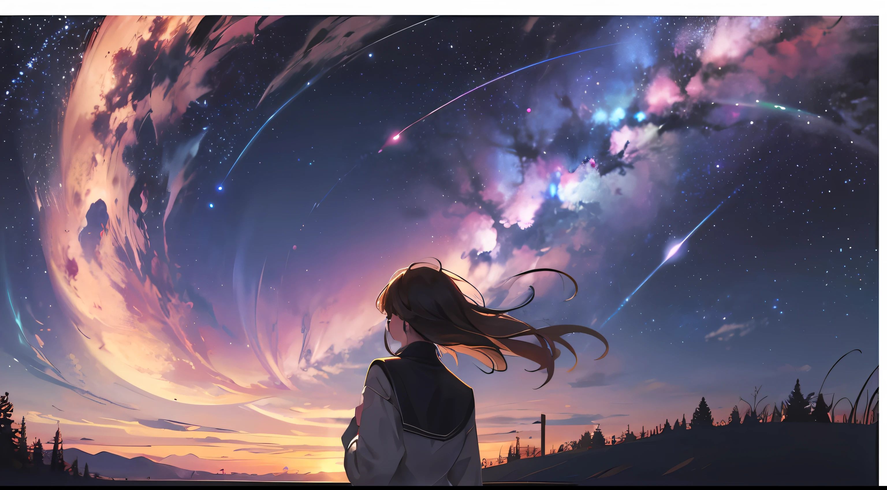 {{{masterpiece}}}, {{{best quality}, {{ultra-detailed}}, {illustration}, {{an extremely delicate and beautiful}}, beautiful milky way, night sky, wide sky, mysterious, deep sky, falling sky, back view of girl, girl looking at night sky, on journey, 8k --auto