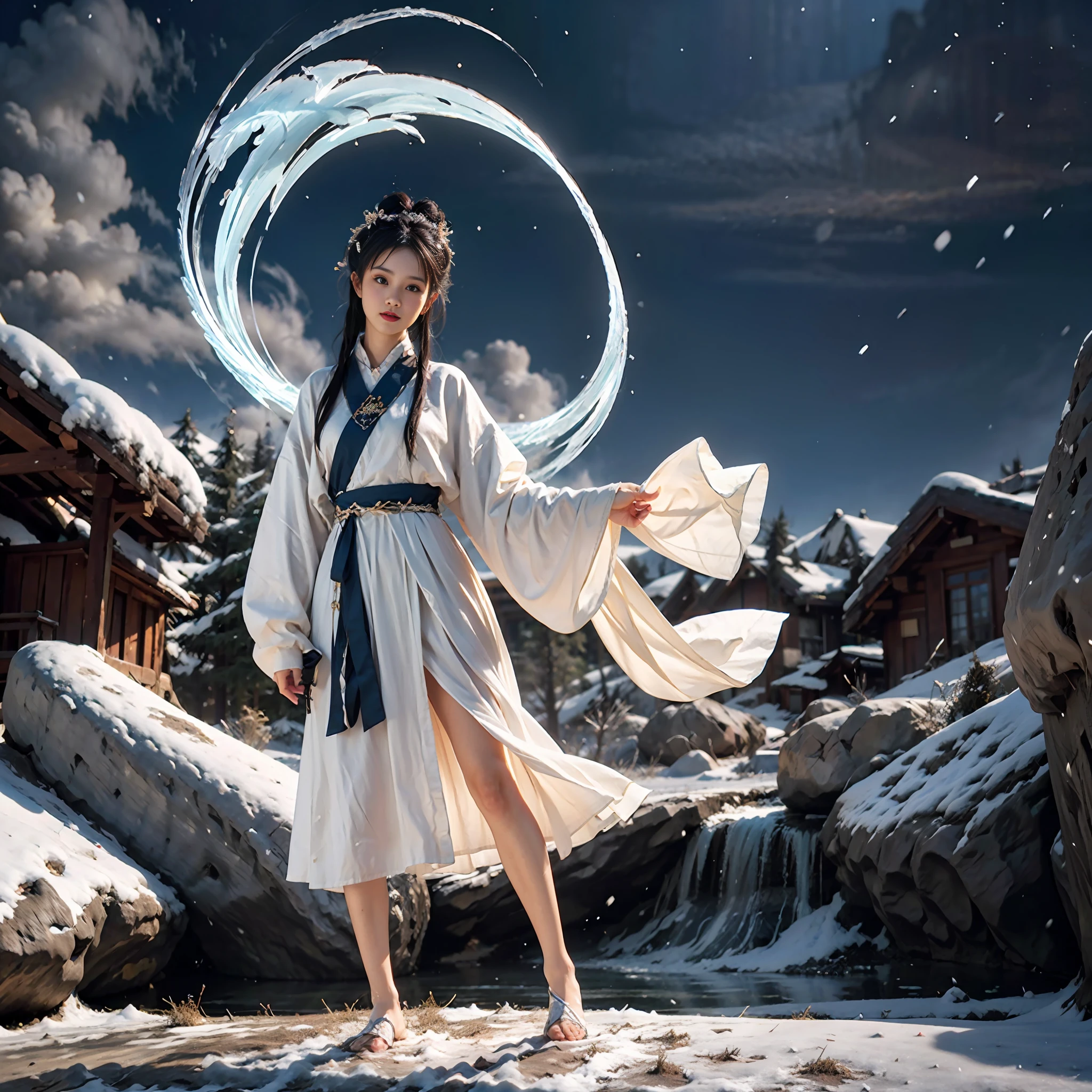 Vast landscape photo, above is the sky in the middle is the snow mountain below, a girl standing on the snow looking up, exquisite background, winter, snow mountain, BREAK making art, (cold light source: 1.2), intricate details, volumetric lighting BREAK (Masterpiece: 1.2), (Best Quality), 4k, Ultra Detailed, (Dynamic Composition: 1.4), Rich Detail, (Solo: 1.2), Blush, Extra Lots of Details, Delicate Hair, Messy Hair, Smile, Hanfu, Slip Dress, Perfect Hand, Right Hand, Sapphire Pendant, Blue Pupil, Ice Mage, Snowscape, Snow, Snowflake, Glacier, Arctic, Blue Crystal, Lots of Blue White, Dreamy, Mythical, Perfect Cloud, Legs Exposed, Bare Feet, Thighs Exposed,