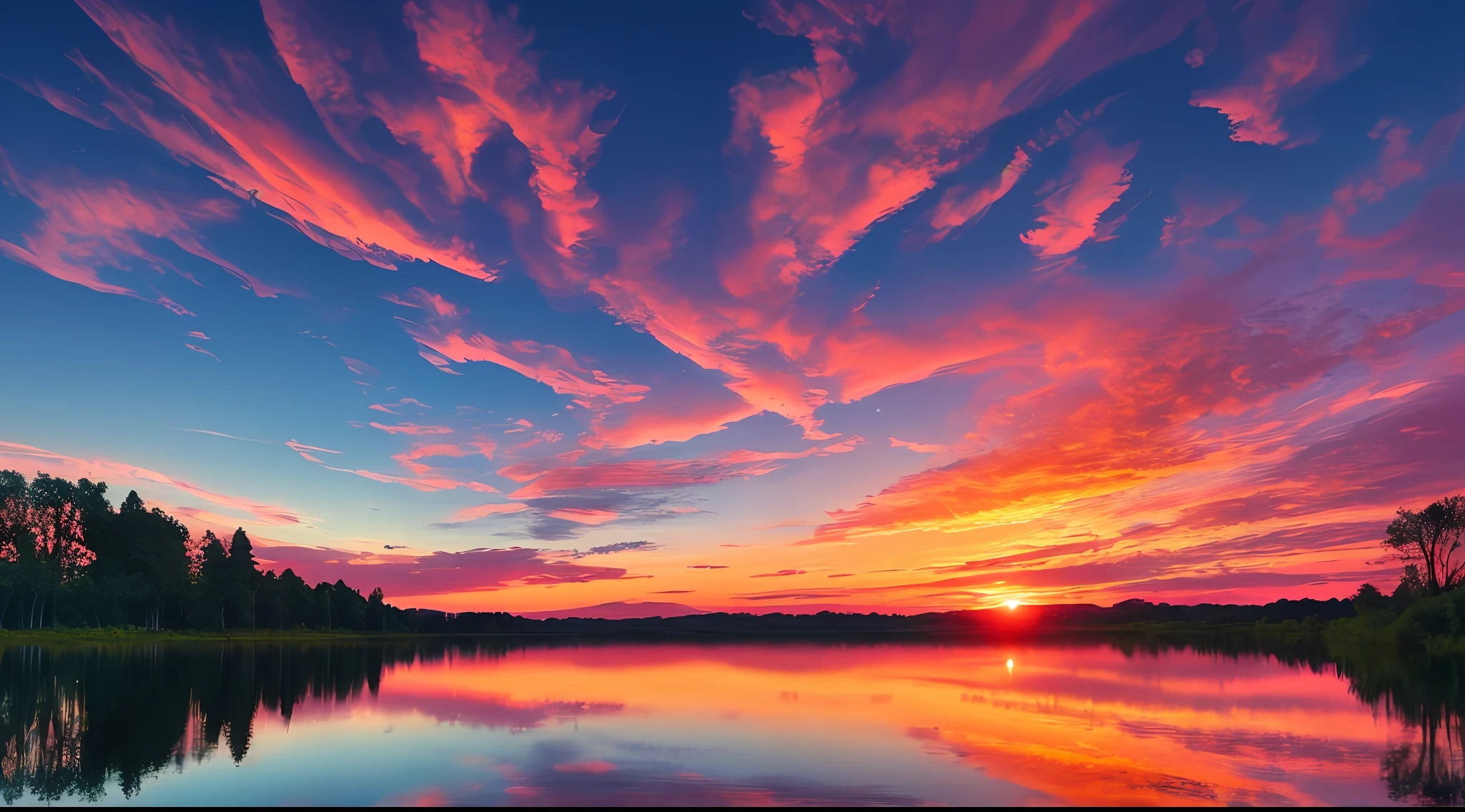 there is a beautiful sunset with a lake and trees in the background, colorful skies, surreal colors, colorful sunset, colorful sky, marvellous reflection of the sky, stunning sky, dream like atmosphere 8k, colorful clouds, colors reflecting on lake, surreal sky, red and blue reflections, fire reflection, beautiful sky, beautiful and spectacular dusk, beautiful dreamy landscape, amazing sky