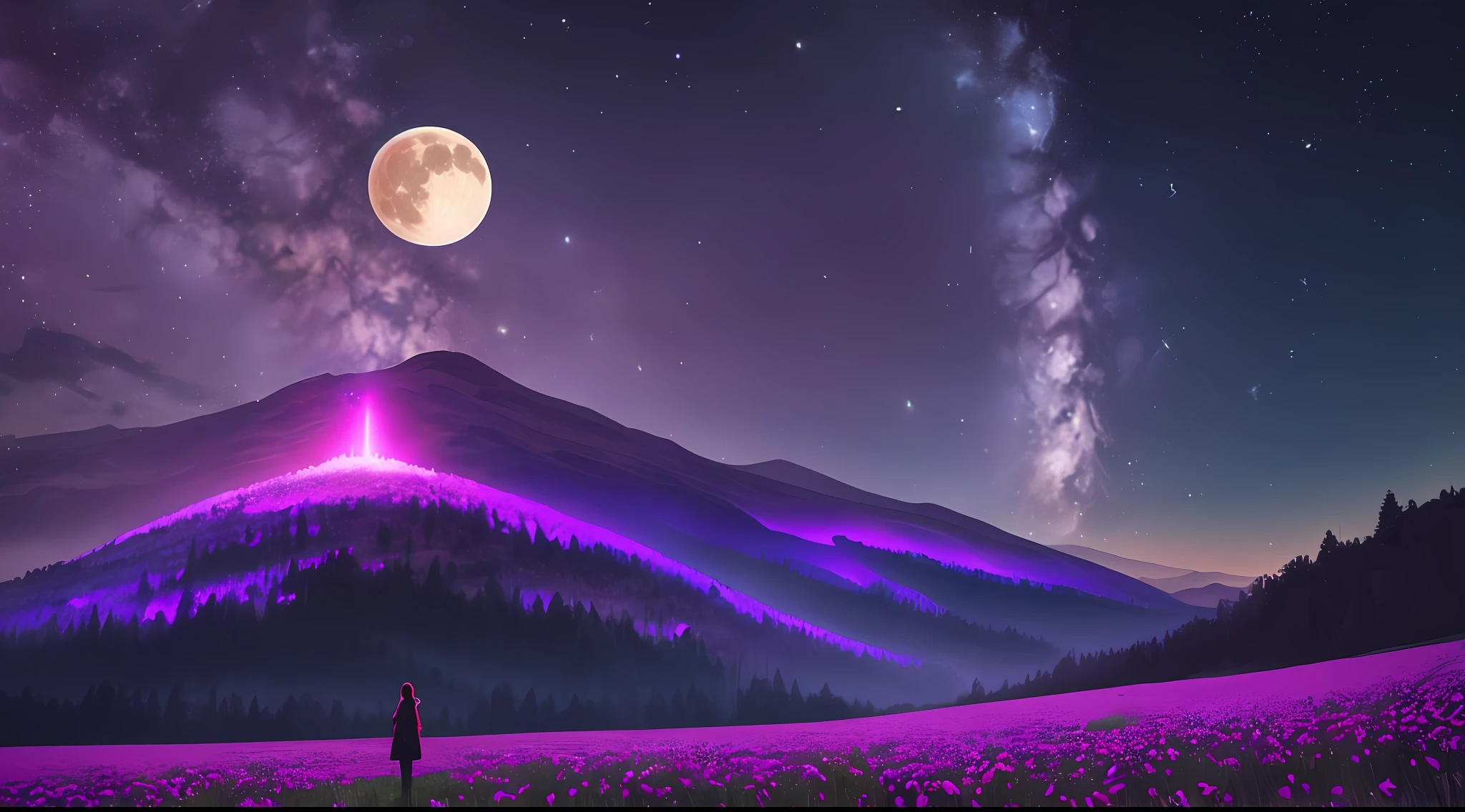 ((Best Quality)), ((Masterpiece)), Vast Landscape Photo, (From below, the sky above and the open field below), a girl standing on a flower field looking up, (Full Moon: 1.2), (Meteor: 0.9), (Nebula: 1.3), Far Mountains, Trees BREAK Making Art, (Warm Light Source: 1.2), (Firefly: 1.2), Lamps, Lots of Purple and Orange, Intricate Detailing, Volumetric Lighting, Realism BREAK (Masterpiece: 1.2), (Best Quality), 4K, Ultra-Detailed, (Dynamic Composition: 1.4), Very Detailed, Rich Detail, (Iridescent Colors: 1.2), (Glow, Atmospheric Lighting), Dreamy, Magical, (Solo: 1.2), Depth of Field, Maximum Sharpness and Clarity, Perfect Proportions,