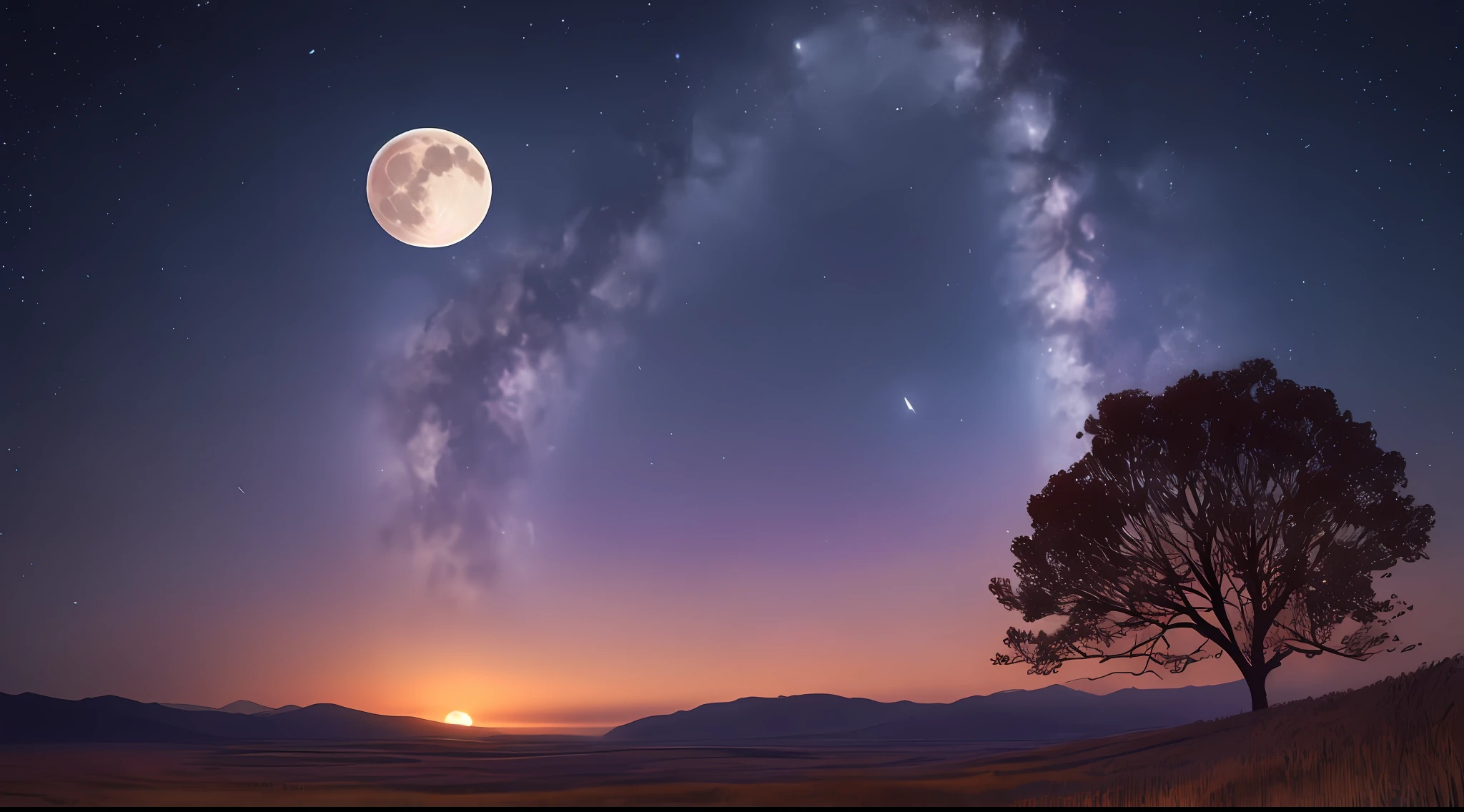 ((Best Quality)), ((Masterpiece)), Vast Landscape Photo, (From below, the sky above and the open field below), a girl standing on a flower field looking up, (Full Moon: 1.2), (Meteor: 0.9), (Nebula: 1.3), Far Mountains, Trees BREAK Making Art, (Warm Light Source: 1.2), (Firefly: 1.2), Lamps, Lots of Purple and Orange, Intricate Detailing, Volumetric Lighting, Realism BREAK (Masterpiece: 1.2), (Best Quality), 4K, Ultra-Detailed, (Dynamic Composition: 1.4), Very Detailed, Rich Detail, (Iridescent Colors: 1.2), (Glow, Atmospheric Lighting), Dreamy, Magical, (Solo: 1.2), Depth of Field, Maximum Sharpness and Clarity, Perfect Proportions,