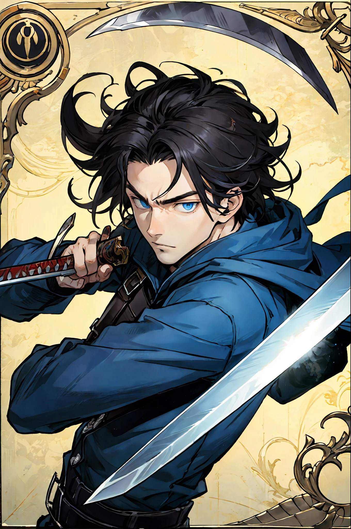 (best quality), detailed background, blue eyes, boy, fighting art, holding a sword,