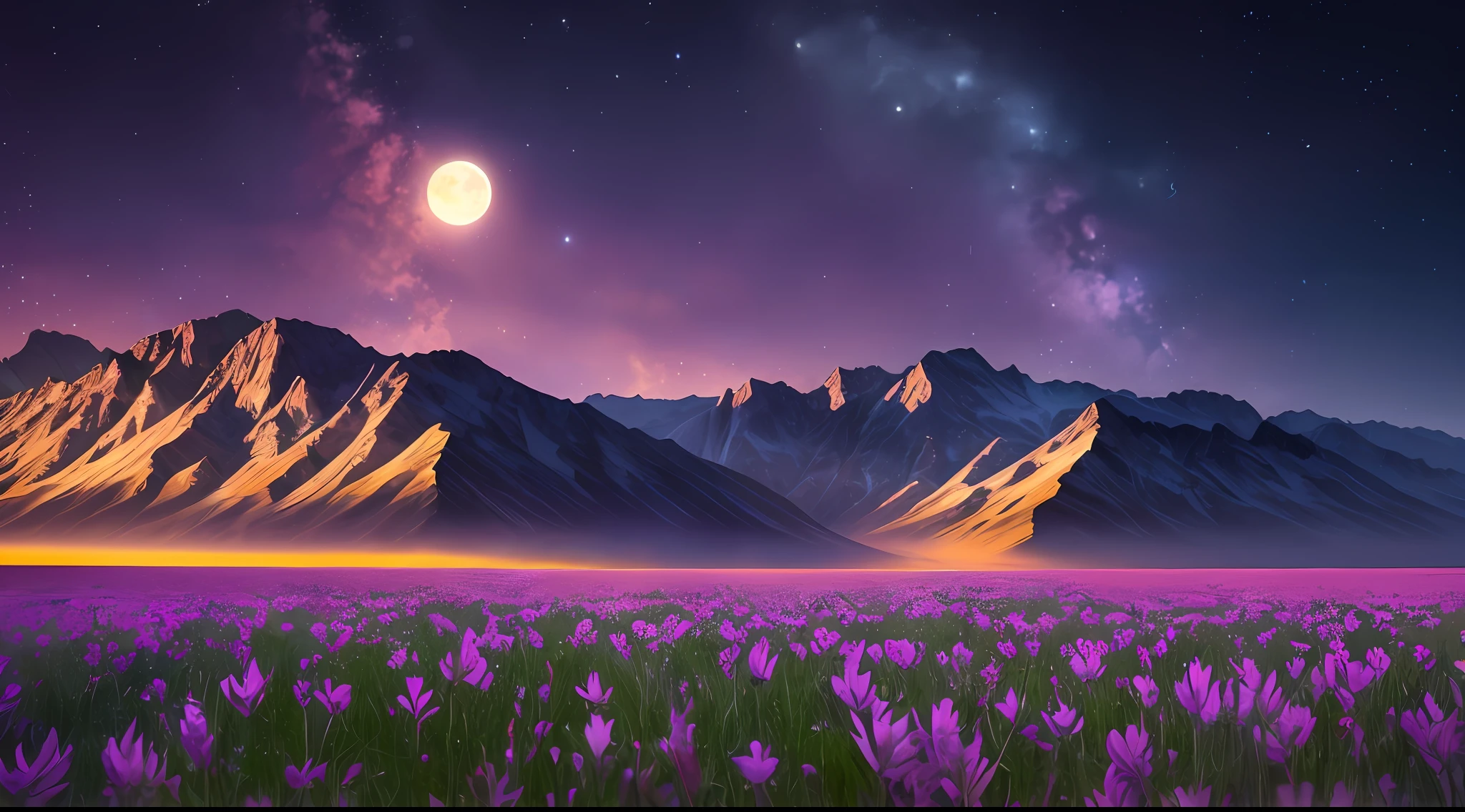 ((Best Quality)), ((Masterpiece)), Vast Landscape Photo, (From below, the sky above and the open field below), a girl standing on a flower field looking up, (Full Moon: 1.2), (Meteor: 0.9), (Nebula: 1.3), Far Mountains, Trees BREAK Making Art, (Warm Light Source: 1.2), (Firefly: 1.2), Lamps, Lots of Purple and Orange, Intricate Detailing, Volumetric Lighting, Realism BREAK (Masterpiece: 1.2), (Best Quality), 4K, Ultra-Detailed, (Dynamic Composition: 1.4), Very Detailed, Rich Detail, (Iridescent Colors: 1.2), (Glow, Atmospheric Lighting), Dreamy, Magical, (Solo: 1.2), Depth of Field, Maximum Sharpness and Clarity, Perfect Proportions,