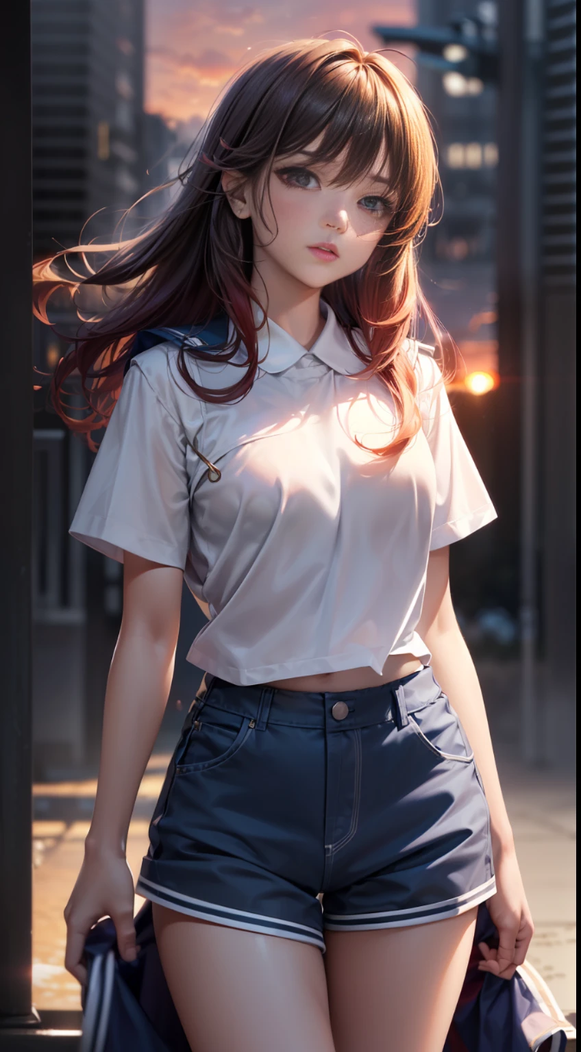 Realistic super detail,8K, realistic, HD wallpaper,中学生,女生,((1girl)),(delicate facial detail) , ((full body: 1.2)) , parted lips, flowing red hair, detailed hair, (((correct eyes))) , detailed eyes, glowing eyes, standing, ((((looking at audience))) , white t-shirt, shorts, ((((JK uniform))) , ((uniform)) , ((sunset background)-RRB-LRB- , ((evening wind)) , ((night wind)) , beautiful, brilliant, epic, intricate details, movie liEdgenLightge light, glow, natural shadows, depth of field,