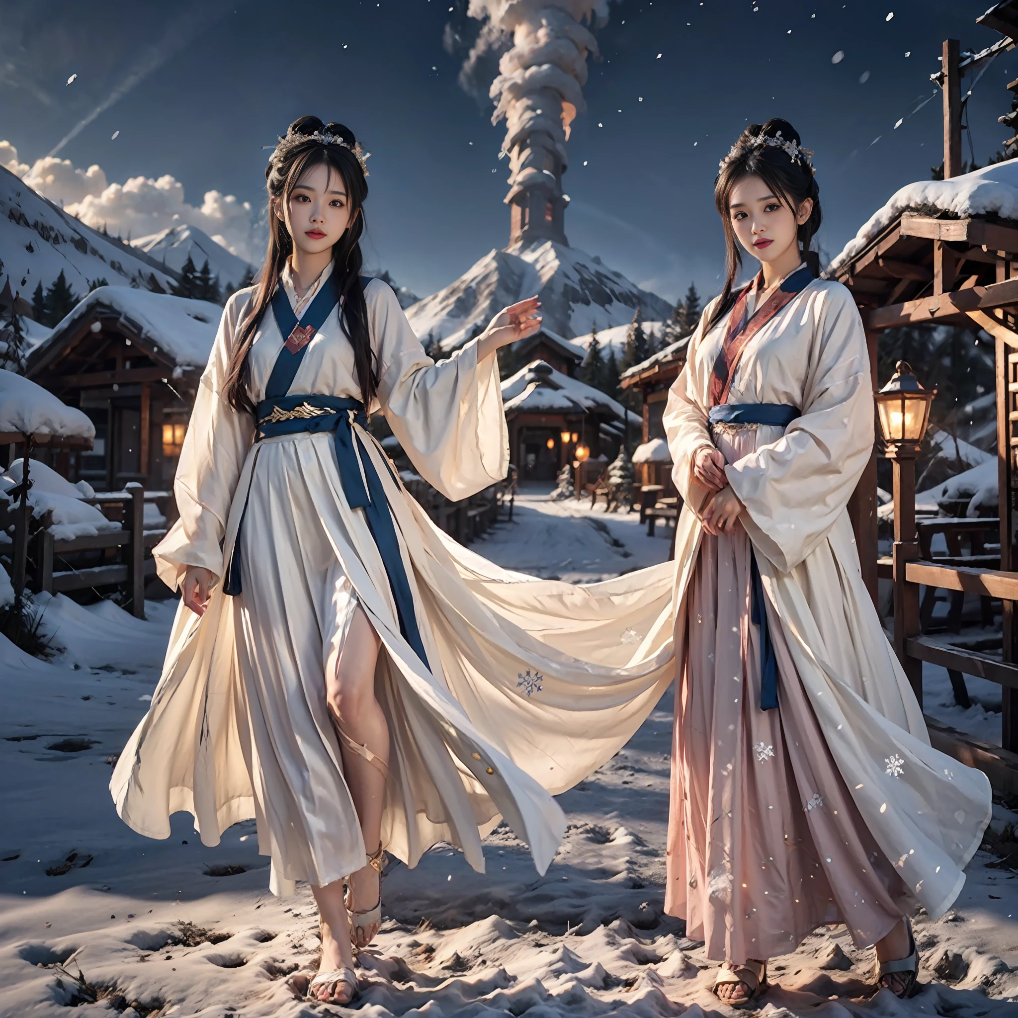 Vast landscape photo, above is the sky in the middle is the snow mountain below, a girl standing on the snow looking up, exquisite background, winter, snow mountain, BREAK making art, (cold light source: 1.2), intricate details, volumetric lighting BREAK (Masterpiece: 1.2), (Best Quality), 4k, Ultra Detailed, (Dynamic Composition: 1.4), Rich Detail, (Solo: 1.2), Blush, Extra Lots of Details, Delicate Hair, Messy Hair, Smile, Hanfu, Slip Dress, Perfect Hand, Right Hand, Sapphire Pendant, Blue Pupil, Ice Mage, Snowscape, Snow, Snowflake, Glacier, Arctic, Blue Crystal, Lots of Blue White, Dreamy, Mythical, Perfect Cloud, Legs Exposed, Bare Feet, Thighs Exposed,