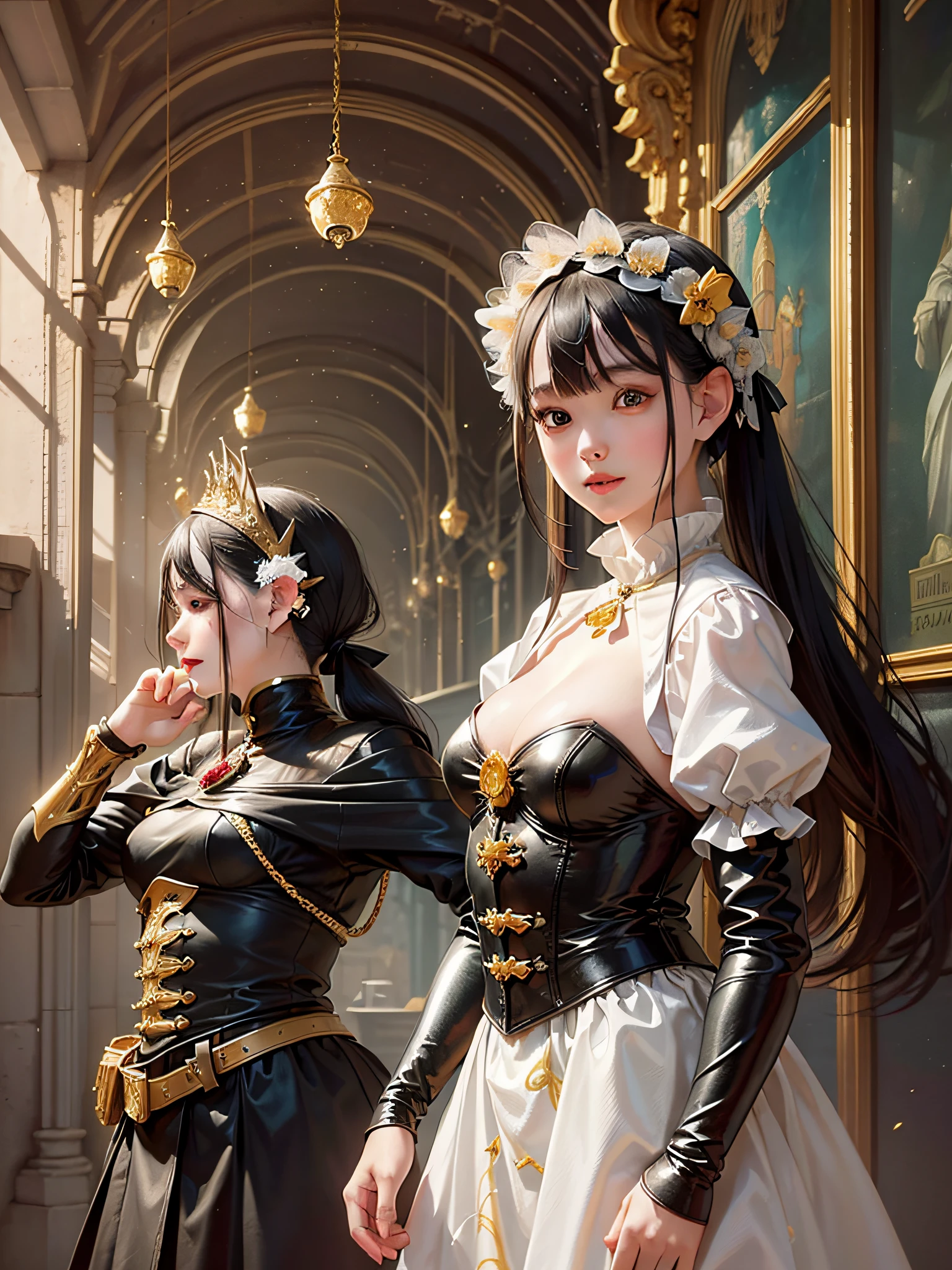 stand in the kingdom corridor, 1 girl, golden blood red knight suit and 1 mad black lion behind, looking straight, blushing falling in love, smiling, happy, confessing love(delicate illustration:1.4), (renaissance art:1.4), (masterpiece:1.0), (best quality:1.4), (ultra highres:1.2), (photorealistic:1.4), (8k, RAW photo:1.2), (soft focus:1.4), (18yo:1.3), (sharp focus:1.4), detailed beautiful face, bloom effect, dream like, complete finger