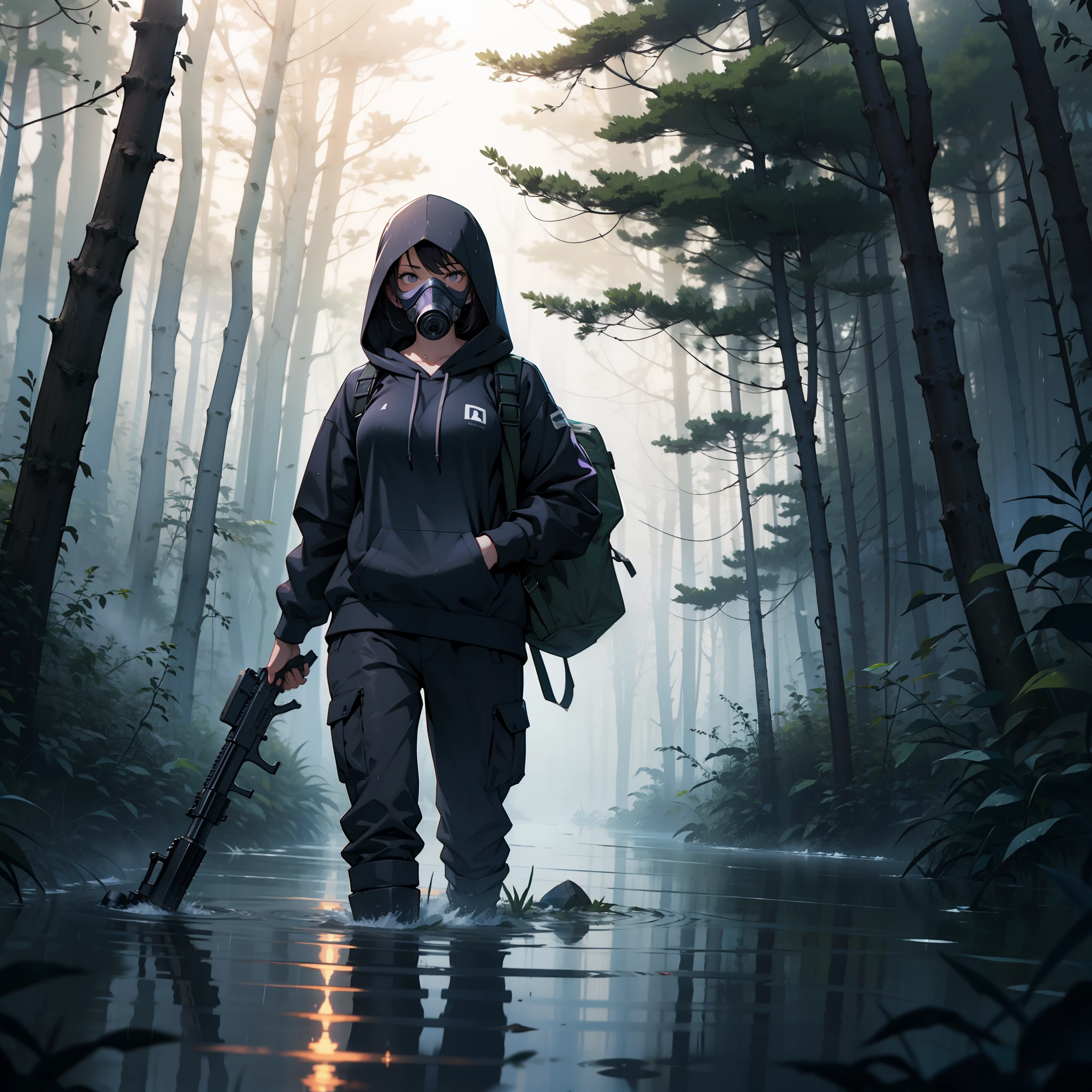 Woman in purple hoodie wearing black gas mask, holding assault rifle, walking in misty rain, on flooded dirt road in the woods, leaves dripping water. --auto