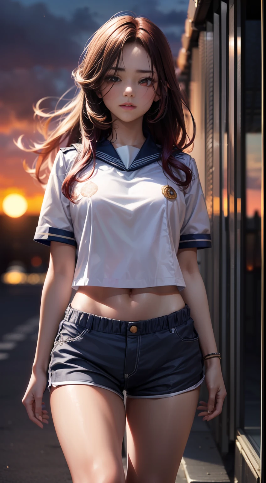 Realistic super detail,8K, realistic, HD wallpaper,中学生,女生,((1girl)),(delicate facial detail) , ((full body: 1.2)) , parted lips, flowing red hair, detailed hair, (((correct eyes))) , detailed eyes, glowing eyes, standing, ((((looking at audience))) , white t-shirt, shorts, ((((JK uniform))) , ((uniform)) , ((sunset background)-RRB-LRB- , ((evening wind)) , ((night wind)) , beautiful, brilliant, epic, intricate details, movie liEdgenLightge light, glow, natural shadows, depth of field,