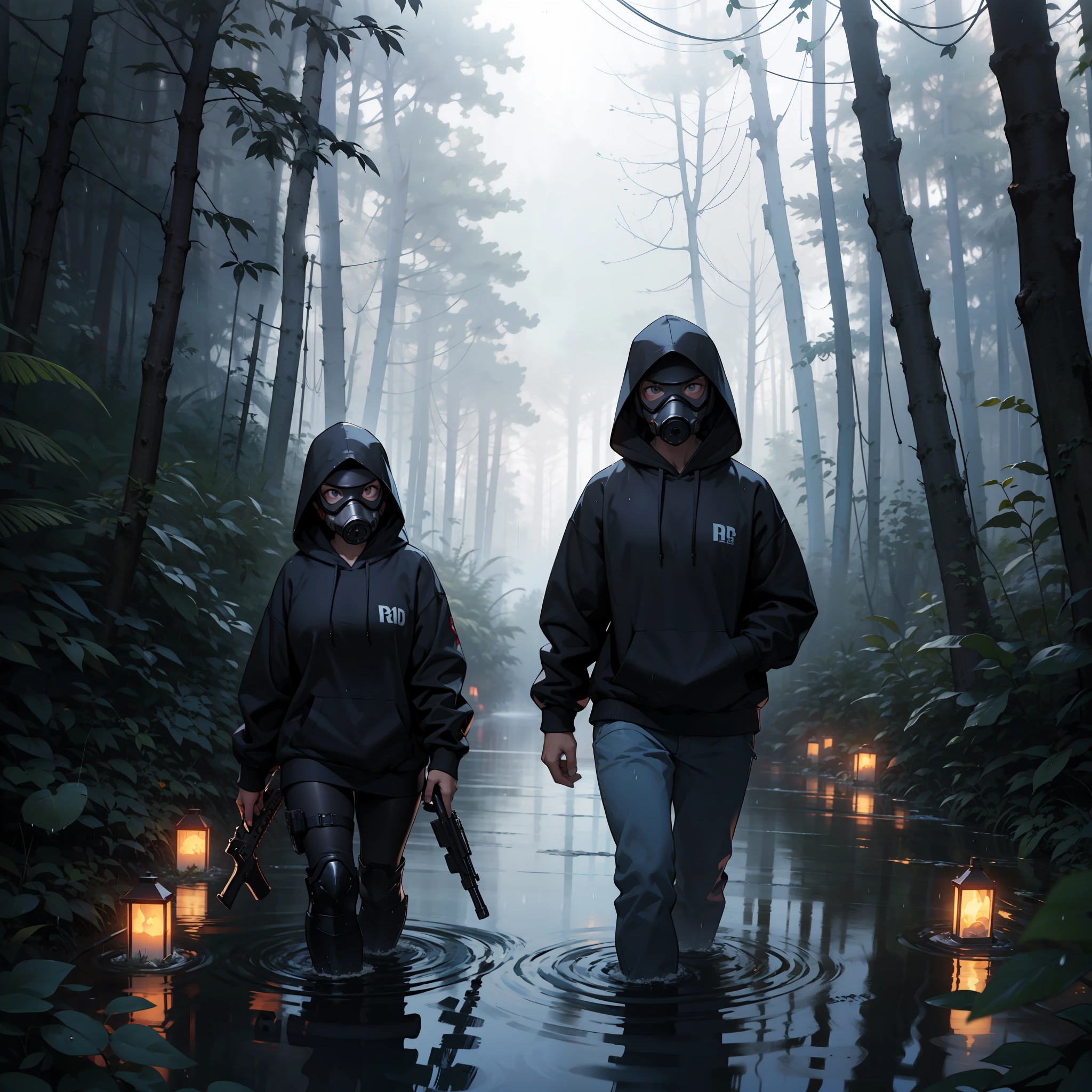 Woman in purple hoodie wearing black gas mask, holding assault rifle, walking in misty rain, on flooded dirt road in the woods, leaves dripping water. --auto