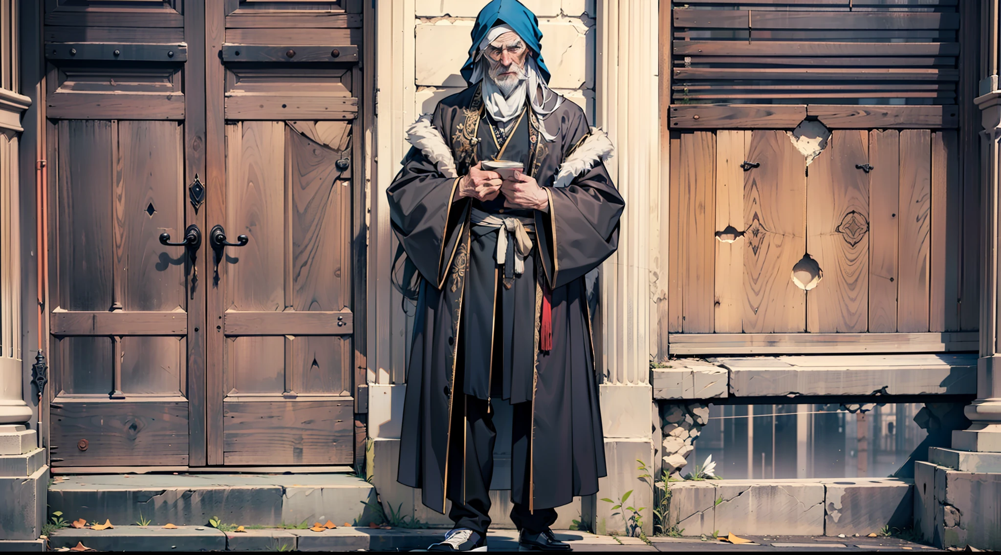 Elderly male vagabond, long hair, headscarf, gray Tattered robe, holey pants, cloth shoes,19th century clothing style,(Standing posture:1.5),(full body:1.6)