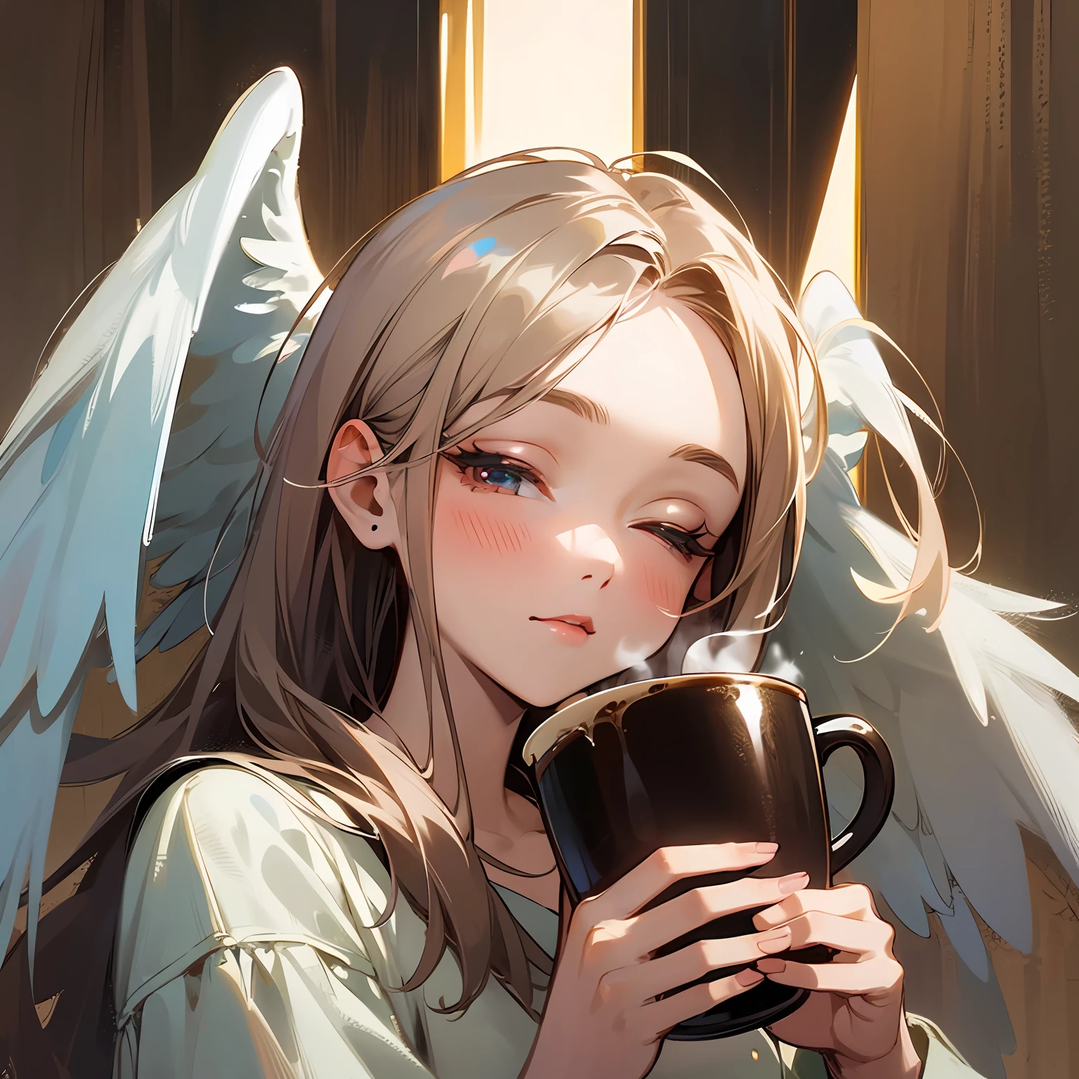 Picture of a girl with a cup of coffee and angel wings, beautiful angel girl, close one eye, beautiful angel, angel girl, beautiful angel portrait, beautiful angel girl portrait, angel, angel, coffee dark angel, winged girl angel, adorable digital painting, angel themed, angel, beautiful female angel, young one angel