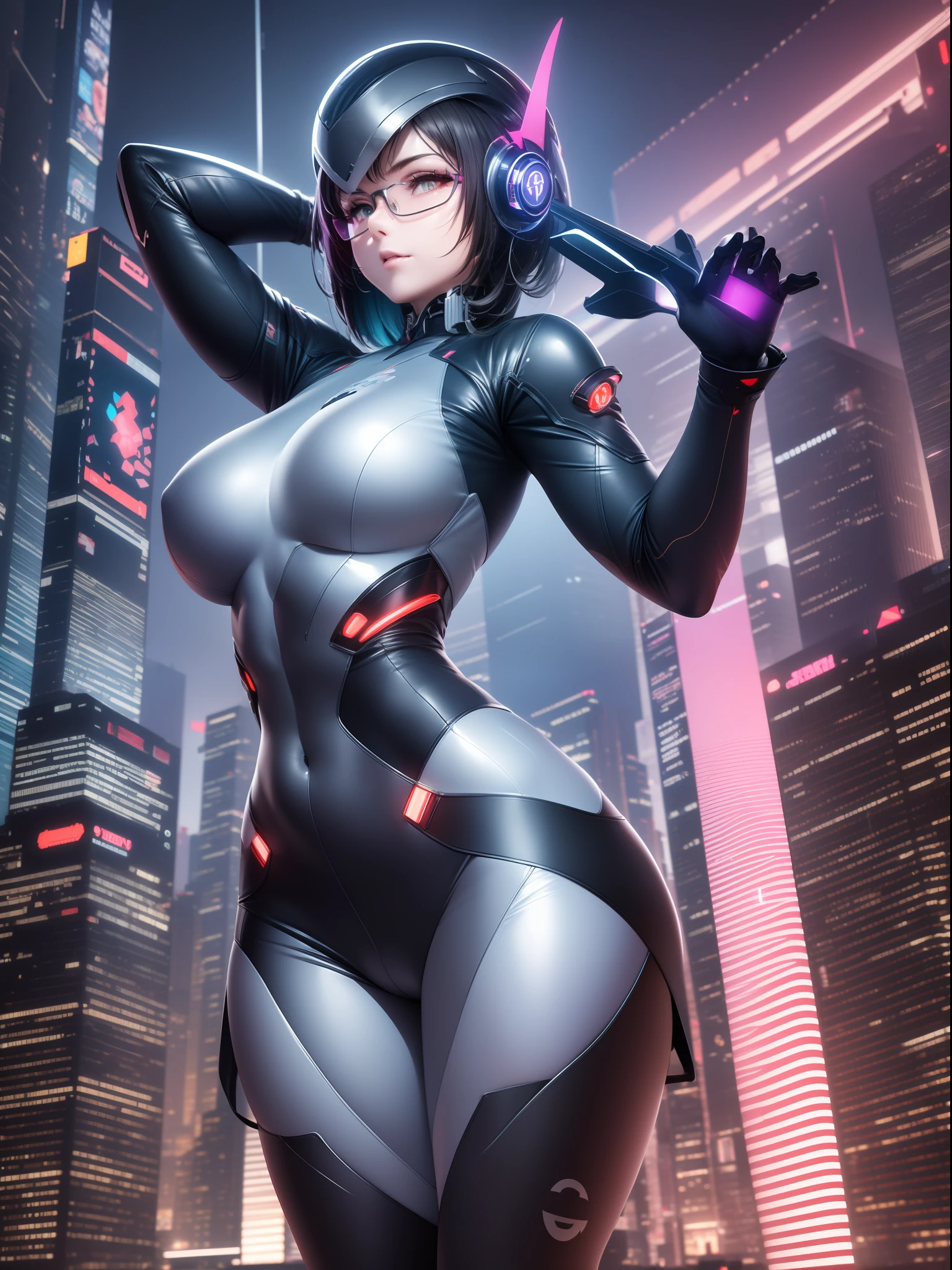 (Best Quality), ((Masterpiece)), (Very detailed: 1.3), 3D, (Equidistance: 1.4), 1 futuristic technology city, Canton Tower, Oriental Pearl, neon light street, full of traffic, (1 female warrior), (future female warrior), 1 female warrior in futuristic suit, tight black clothes, protruding bust, sexy body, seduction, wearing a futuristic helmet, futuristic glasses, one-handed weapon, (1 universe), 1 spaceship speeding over the city, breaking sound, galloping, ray tracing, super resolution, Unreal 5, subsurface scattering, PBR texture, maximum clarity and sharpness, multi-layer texture, albedo and highlight maps, surface shading, perfect proportions, (neon light effects), (cyberpunk style),