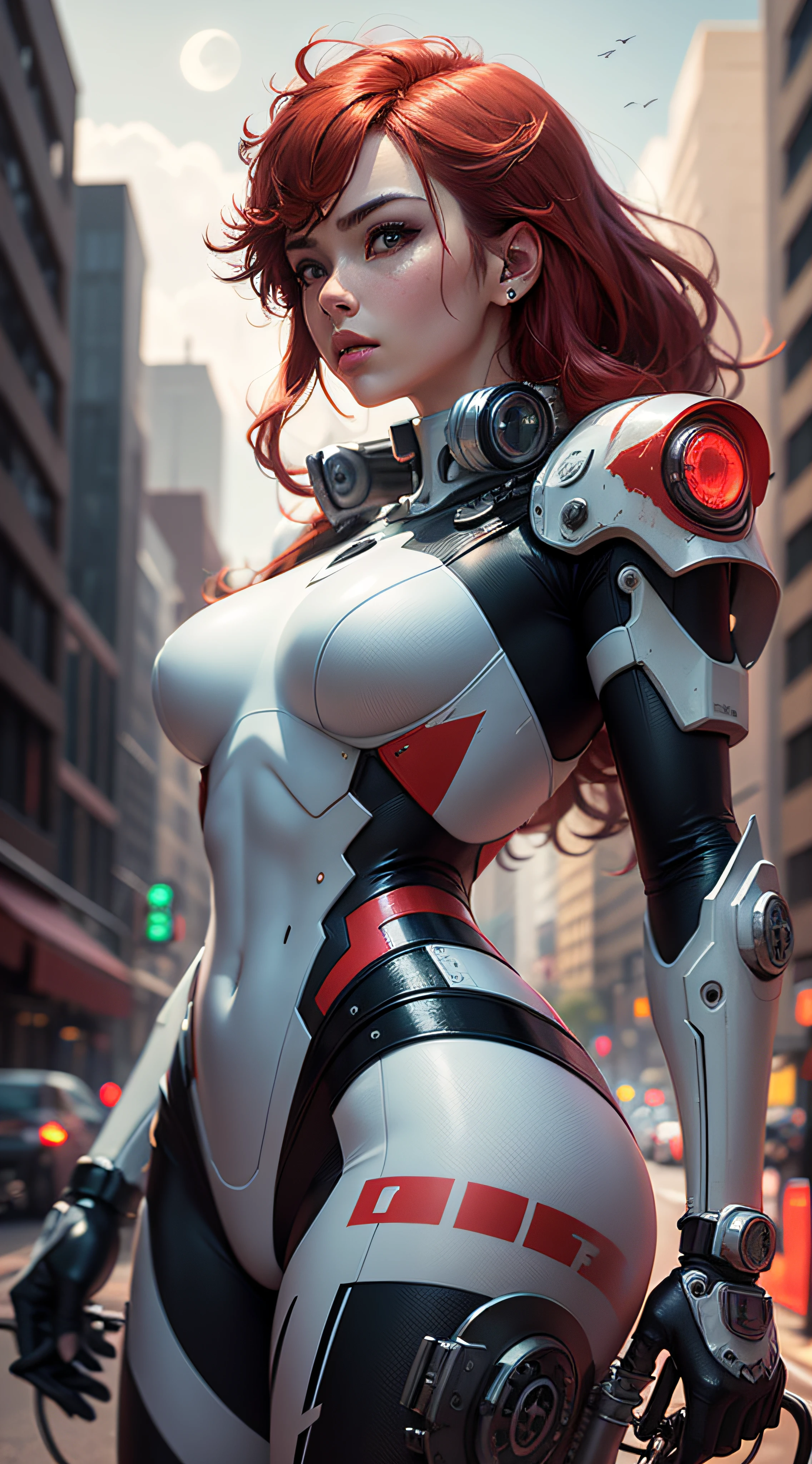 Dark_Fantasy,Cyberpunk,(akira caneda style bike, woman with white mecha,Red, blue: 1.1),1man,Mechanical wonder,Robotic presence,Cybernetic guardian, wearing a worn mechanical suit, intricate, (steel metal [rusty]), elegant, clear focus, shot by greg rutkowski, soft lighting, vibrant colors, masterpiece, ((street)), cowboy shot, dynamic pose, sky with clouds, full moon, red hair,