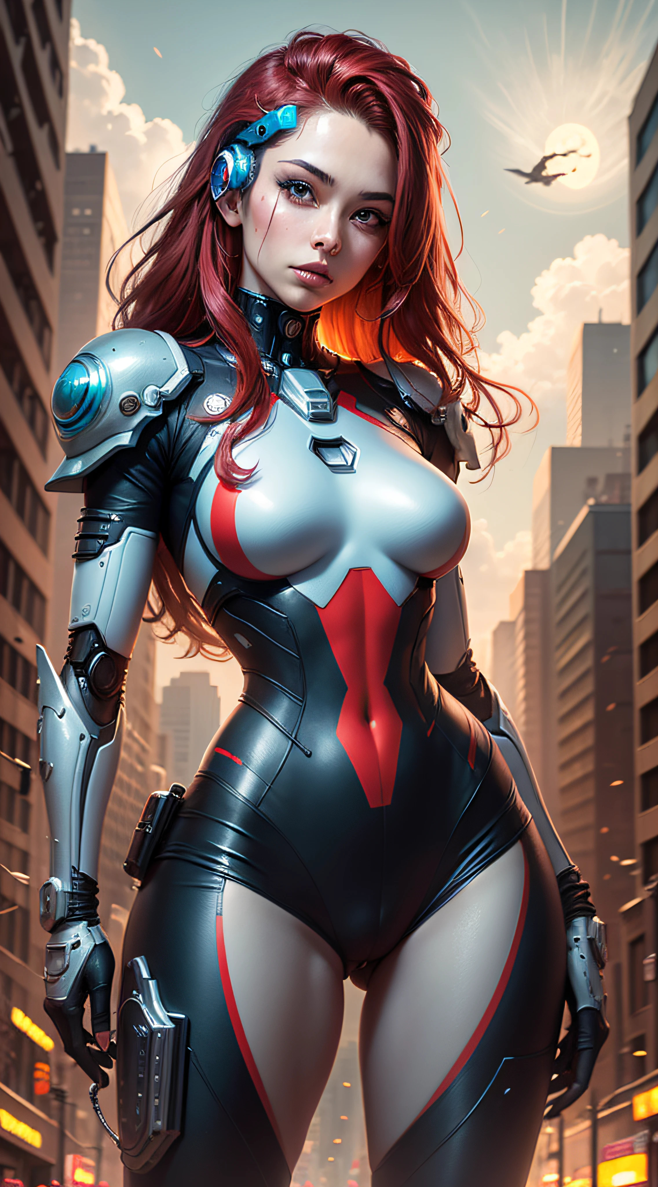 Dark_Fantasy,Cyberpunk,(akira caneda style bike, woman with white mecha,Red, blue: 1.1),1man,Mechanical wonder,Robotic presence,Cybernetic guardian, wearing a worn mechanical suit, intricate, (steel metal [rusty]), elegant, clear focus, shot by greg rutkowski, soft lighting, vibrant colors, masterpiece, ((street)), cowboy shot, dynamic pose, sky with clouds, full moon, red hair,
