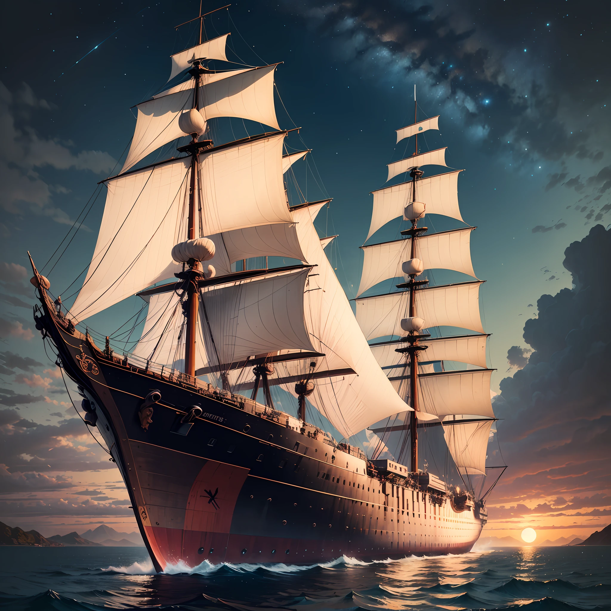Computer Visualized Graphics, Realistic Fantasy, Extensive Landscape Ultrasound Photography (general view showing a huge wooden ship, with decks, 4 decks, stern, hold, sails, bow, tank, front of the ship + bow, rear + stern..

The front of the ship + tank. 

The rear part above the stern is + ut..

The very bottom of the ship is the keel, it goes like a ridge, to which, like ribs, frames are attached, and to them is the skin.

A sailing ship has masts - from one to five (clippers), each has its own name, + anchor device, The power plant rotates the propeller or wheel (for obsolete paddle steamers) .. To increase survivability, the inside of the ship is hermetically divided by bulkheads into compartments.  ), full moon, night sky, blurred background, warm, yellow, purple background, pink, warm, magic, "Hyper-realistic textures," "Precise details," "Realistic still life," "Realistic portraits," "Realistic landscapes." Watercolor Drawing, "Majestic mountains," "Hyper-realistic textures," Banksy, Liu Bolin, Ansel Adams, Yoshitaka Amano realistic fantasy, Extensive landscape ultra photography, blurred background, cool, turquoise hue, a bit of purple, airy color, magic, "Hyper-realistic textures," "Precise details," "Realistic still life," "Realistic portraits," "Realistic landscapes." Lit cityscapes,” “Starry skies,” “Moonlit landscapes,” “Night time portraits,” “Long exposures.” 16:9 --ar --auto