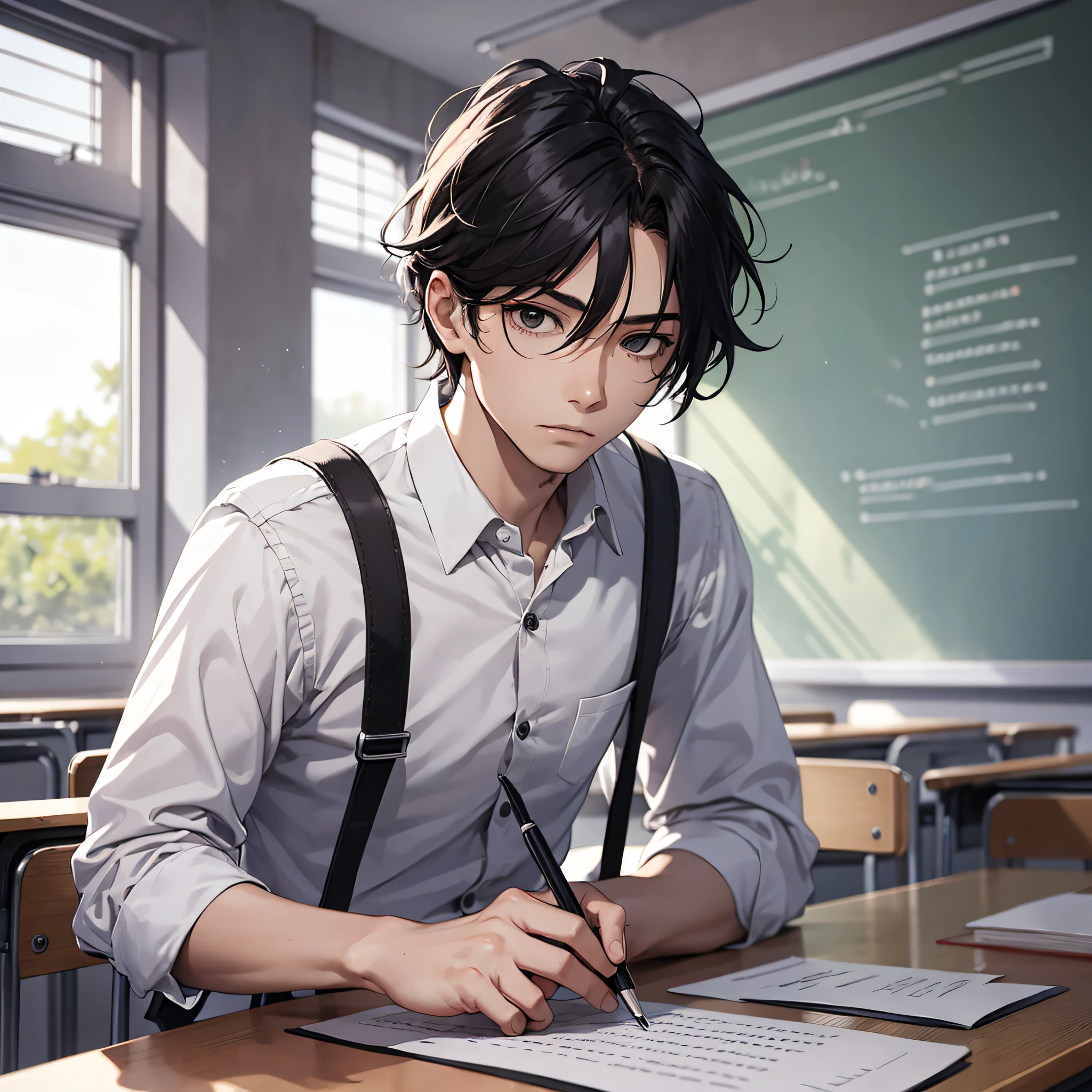 Ridiculous resolution, high resolution, (masterpiece: 1.4), hyperdetail, classroom, young man messy black hair, white suspenders, serious expression, sitting, writing