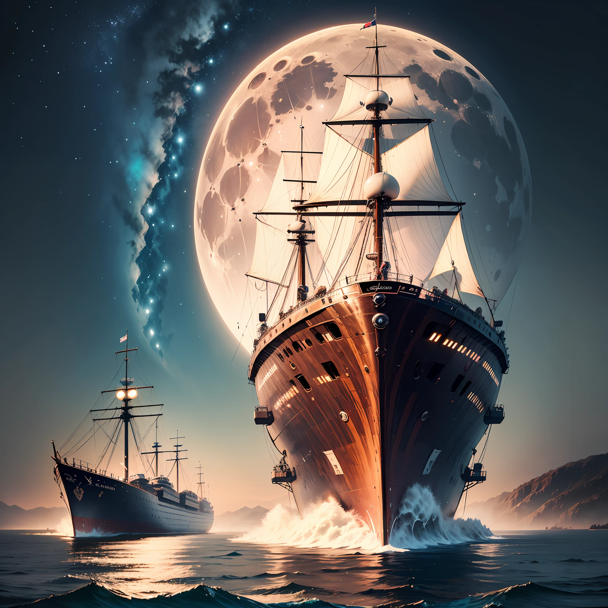 Computer Visualized Graphics, Realistic Fantasy, Extensive Landscape Ultrasound Photography (general view showing a huge wooden ship, with decks, 4 decks, stern, hold, sails, bow, tank, front of the ship + bow, rear + stern..
The front of the ship + tank.
The rear part above the stern is + ut..
The very bottom of the ship is the keel, it goes like a ridge, to which, like ribs, frames are attached, and to them is the skin.
A sailing ship has masts - from one to five (clippers), each has its own name, + anchor device, The power plant rotates the propeller or wheel (for obsolete paddle steamers) .. To increase survivability, the inside of the ship is hermetically divided by bulkheads into compartments. ), full moon, night sky, blurred background, warm, yellow, purple background, pink, warm, magic, "Hyper-realistic textures," "Precise details," "Realistic still life," "Realistic portraits," "Realistic landscapes." Watercolor Drawing, "Majestic mountains," "Hyper-realistic textures," Banksy, Liu Bolin, Ansel Adams, Yoshitaka Amano realistic fantasy, Extensive landscape ultra photography, blurred background, cool, turquoise hue, a bit of purple, airy color, magic, "Hyper-realistic textures," "Precise details," "Realistic still life," "Realistic portraits," "Realistic landscapes." Lit cityscapes,” “Starry skies,” “Moonlit landscapes,” “Night time portraits,” “Long exposures.” 16:9 --ar --auto