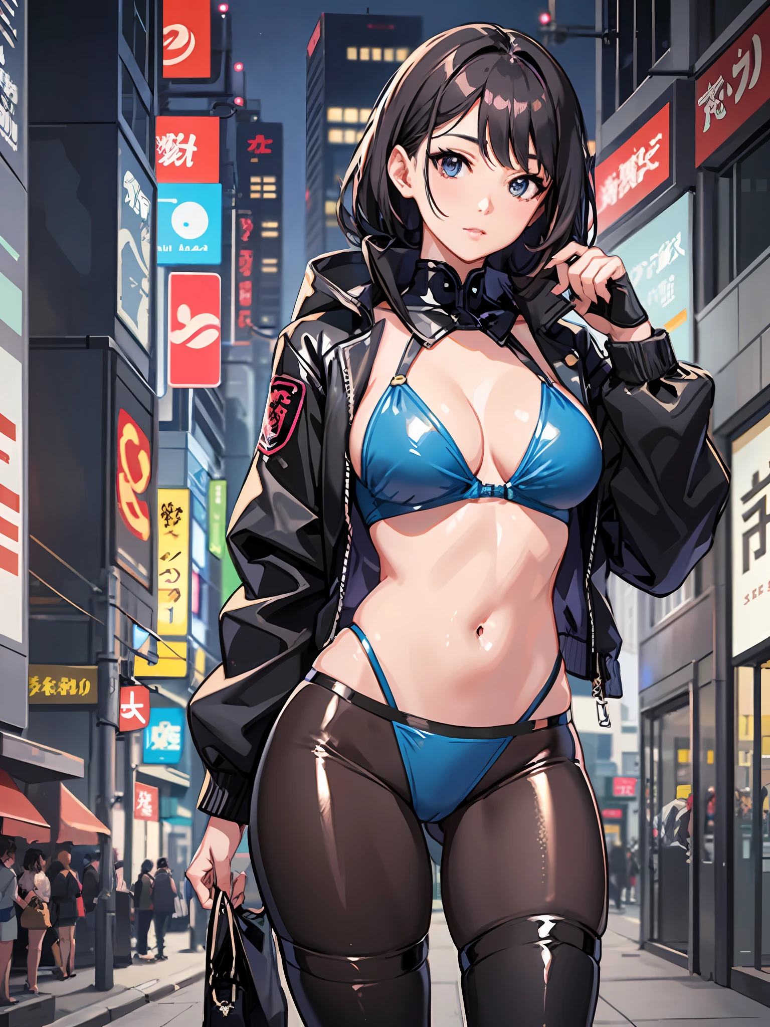 Ala Fed Asian woman in blue bikini and black jacket, cyberpunk, anime girl cosplay, Japan model, in realistic young gravure idol, latex costume, perfect android girl, cute girl in tank suit