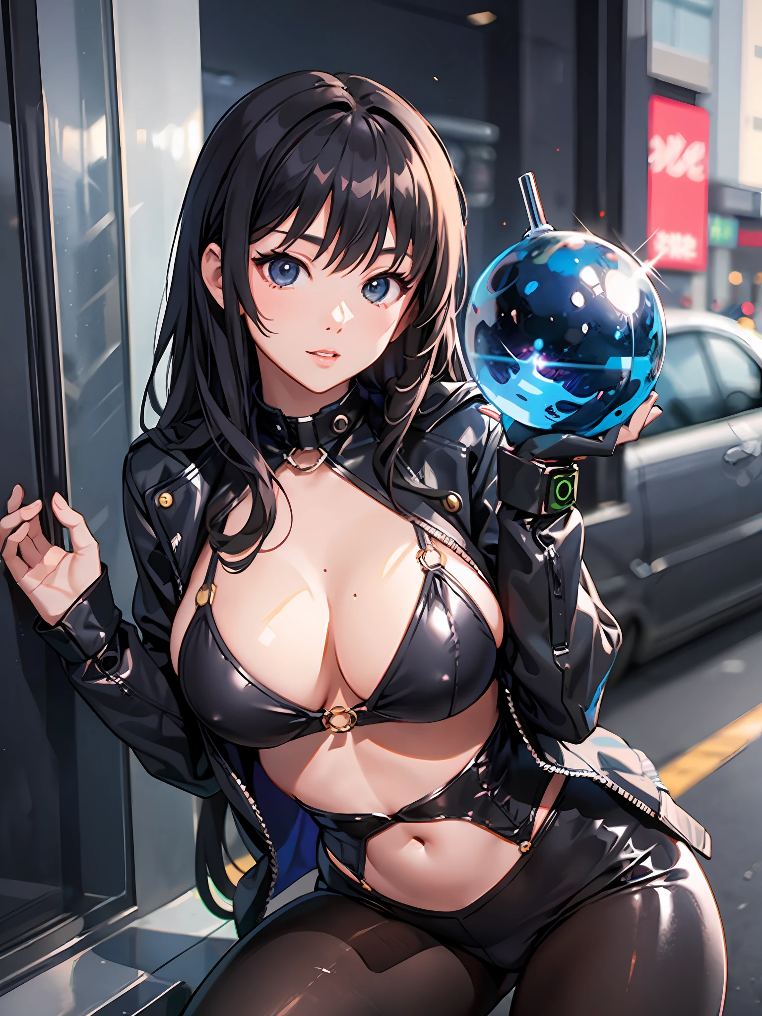 Ala Fed Asian woman in blue bikini and black jacket, cyberpunk, anime girl cosplay, Japan model, in realistic young gravure idol, latex costume, perfect android girl, cute girl in tank suit