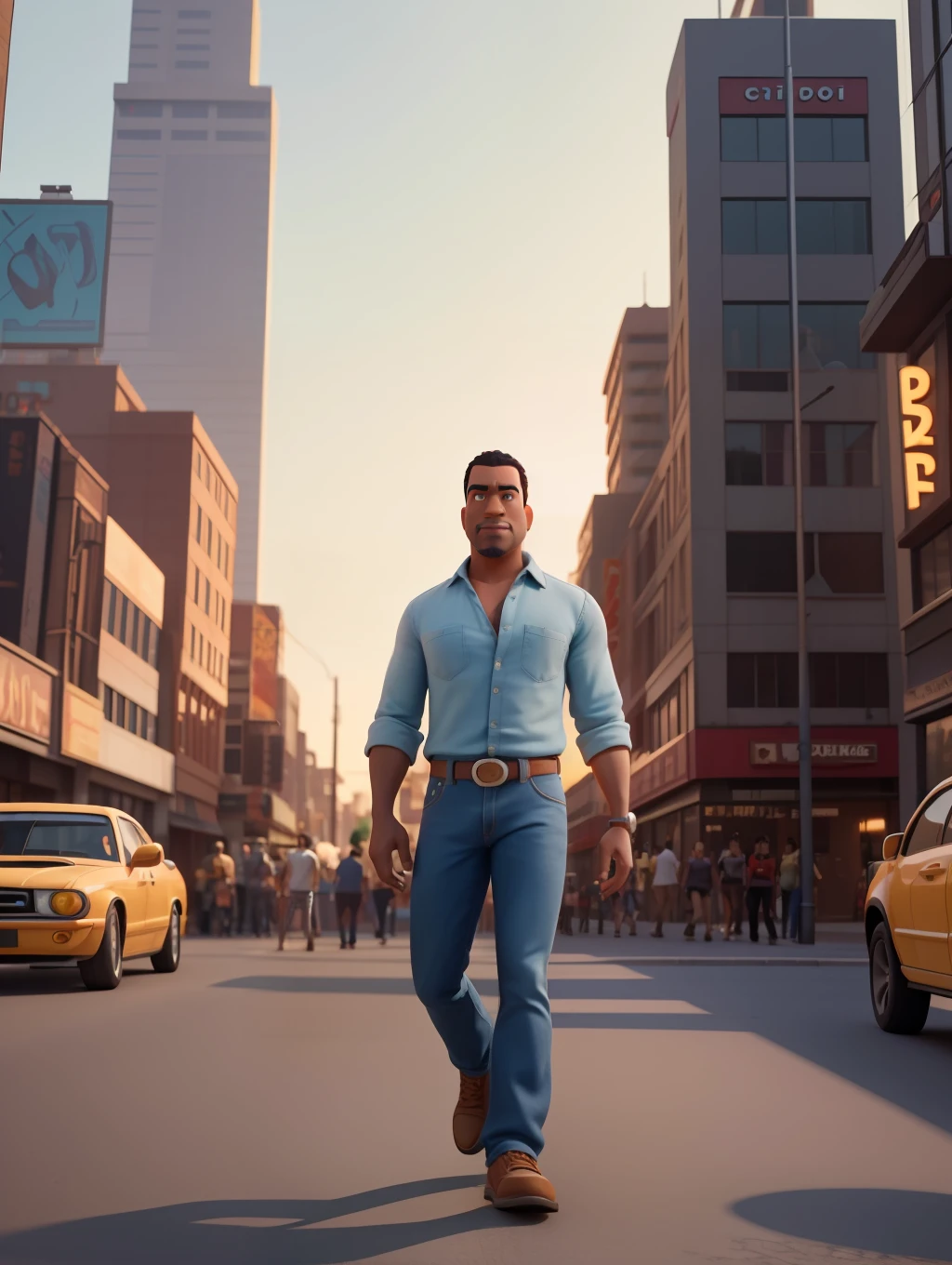 A waist high potrait of a handsome afro-american middle age manly character well built, wearing casual clothes, in the style of Pixar Animation, walking on a busy big city street, cars, people, dynamic action poses, sunrise,  rich colours , 3d render unreal engine , octane render , intricately detailed, 8k, Pixar Animation.