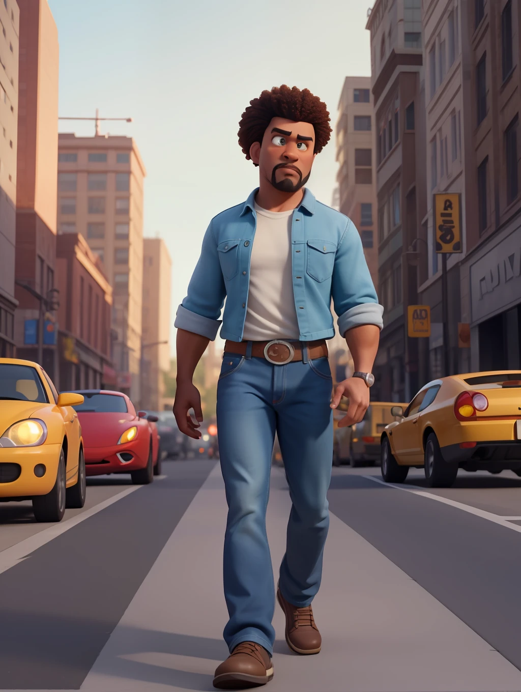 A waist high potrait of a handsome afro-american middle age manly character well built, wearing casual clothes, in the style of Pixar Animation, walking on a busy big city street, cars, people, dynamic action poses, sunrise,  rich colours , 3d render unreal engine , octane render , intricately detailed, 8k, Pixar Animation.