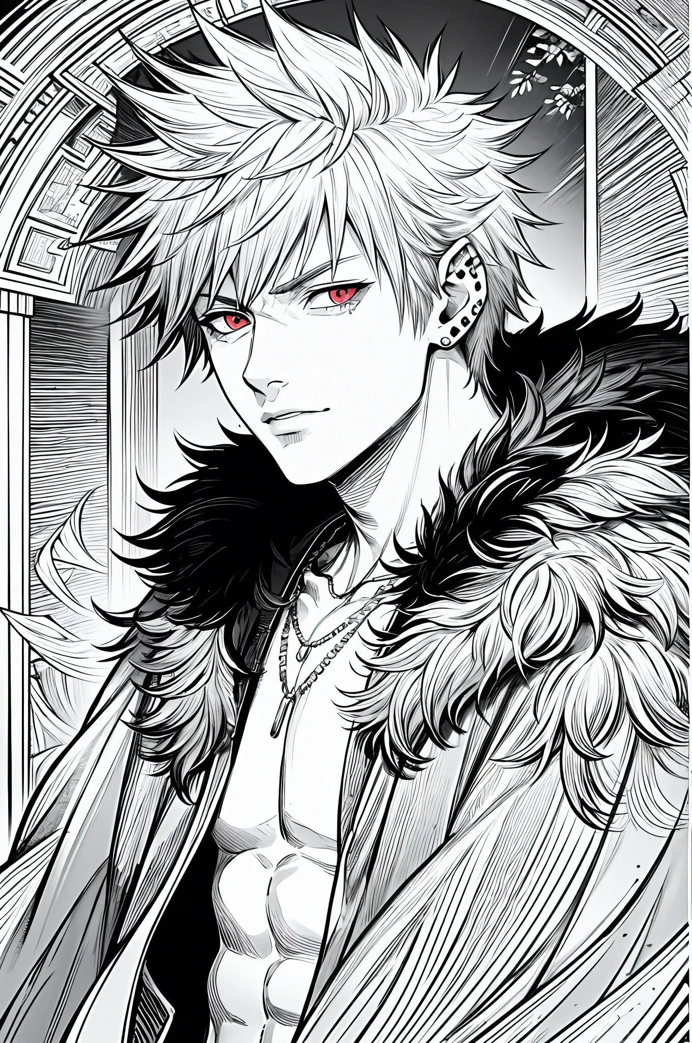 Masterpiece, top quality, 8k, one man, rakugo Katsuki, 15s, shirtless furry cloak, piercings, half-body, shining red eyes, monochrome, line art
