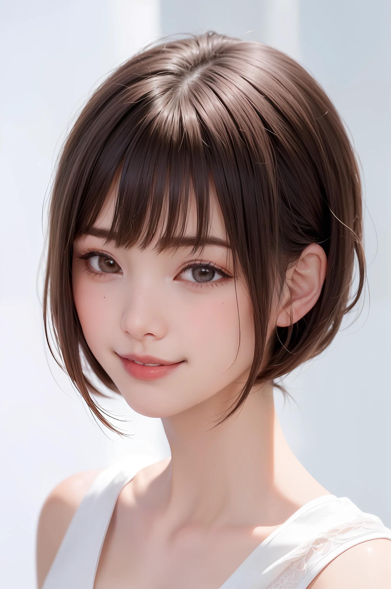 (((showpiece, top quality, high precision)), one girl, (big breasts, photorealistic: 1.4), ((slightly above also look up the camera, look up at the camera, look up, look up at the camera))), solo, , white background, snow-white background, close mouth, happy smile, smile happily, pretty black hair, short hair, Big eyes, pronounced double eyelids, eyelashes, ears out, long neck, long neck, absolute area, ((face close-up, short hair with bangs)), 19 years old, attractive proportions, shiny skin, clean collarbone, golden ratio face, perfect face, teary mole, mole on the chest, bangs, clean bangs, beautiful bangs, lip gloss, thin lips, white skin, undressed, big breasts, small face, small face, Staring slightly upwards at the camera, ((smiling a little at the camera, really nothing immaculate background, huge, big breasts))